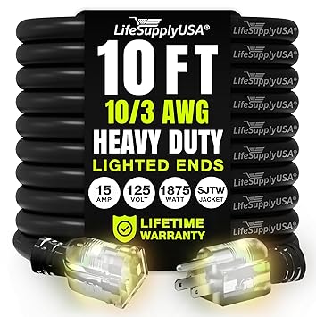 LifeSupplyUSA LifeSupplyUSA 10ft Black Heavy Duty 3 Prong Oil Resistant Light End Indoor/Outdoor 10/3 SJTW 15 Amp 300 Volt 1875 Watt Extension Cord