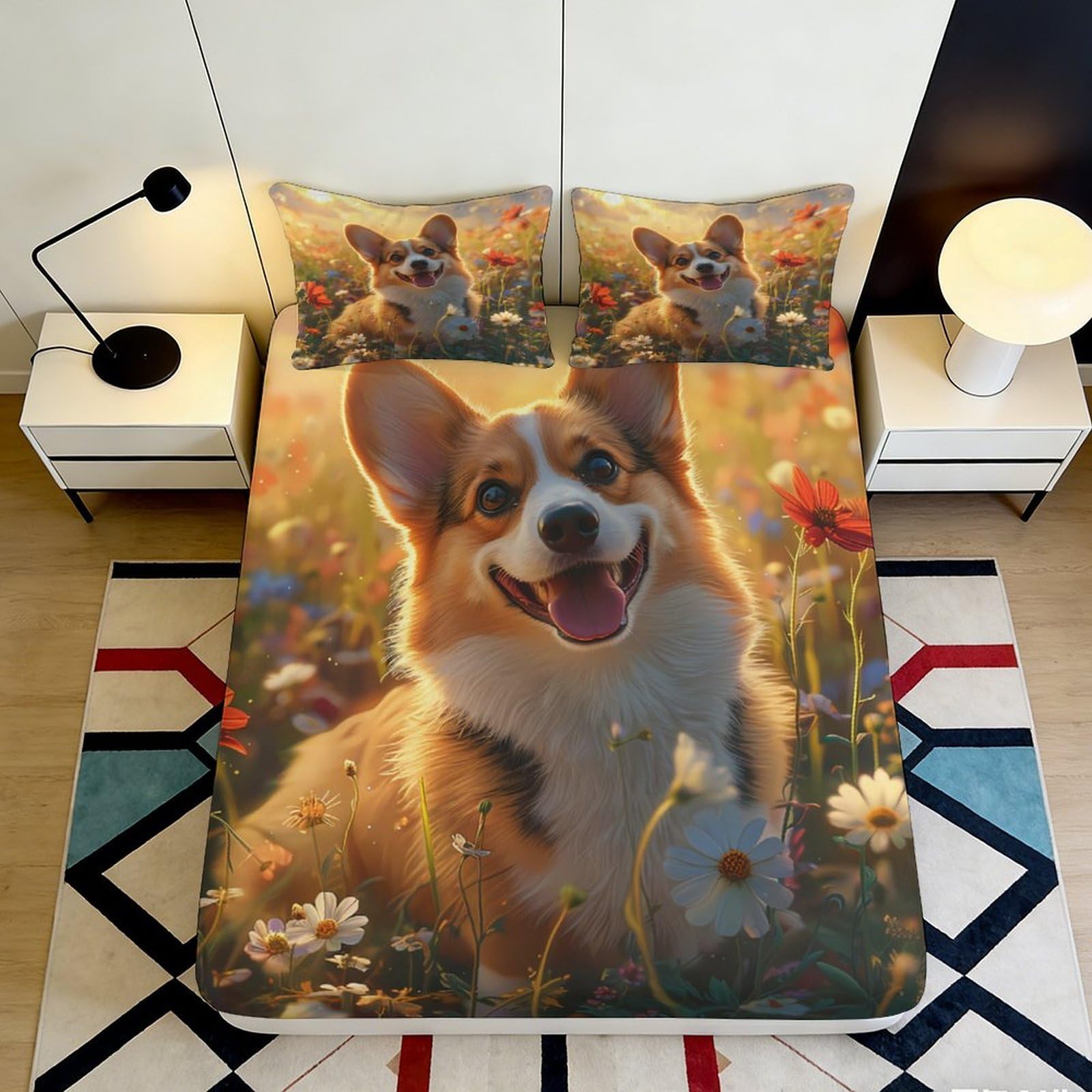 Jqzkxnhpbr Style-1 3D Printed Corgi Flower Fitted Sheet Microfiber Soft Breathable Meadow Dog Bed Cover For Bedroom Dorm Mattress Protection Decor 90X200x25cm