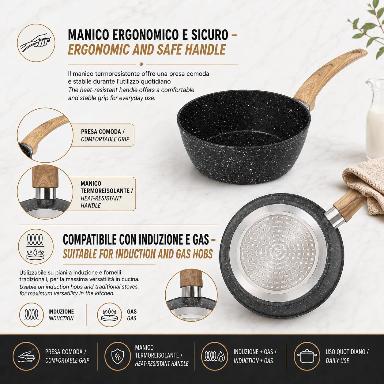 IPEA Pentolino Induzione Antiaderente per Latte e Minestre - 20 CM - SOLIDO E VERSATILE - Pentolino per Cucinare e Bollire Verdure, Noodles, Verdure, Noodles - Ergonomico - Bollilatte da Cucina