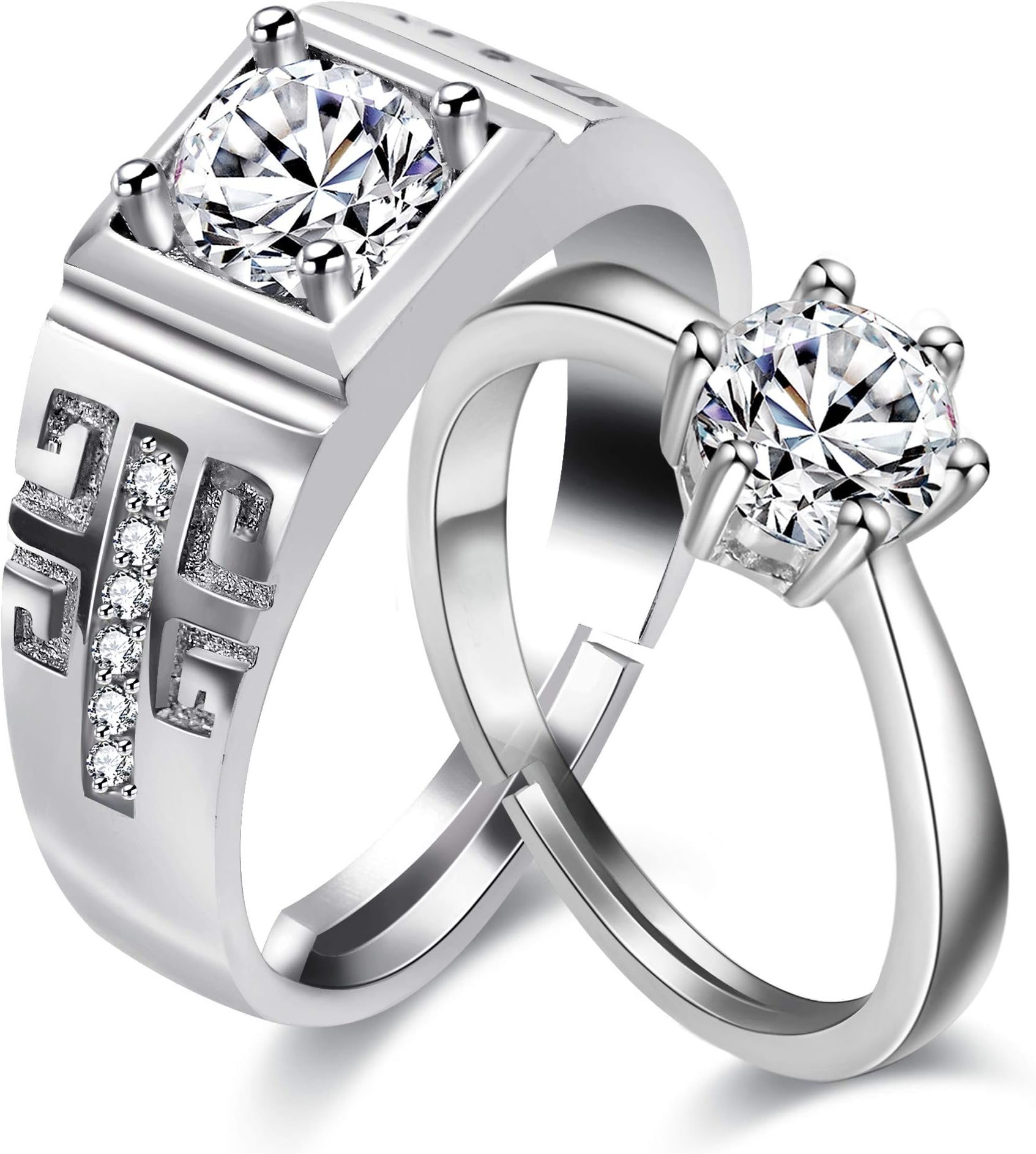 2 pcs Adjustable His and Hers Engagement Ring Set Puzzle Matching Heart Wedding Bands Couples Gifts LB018