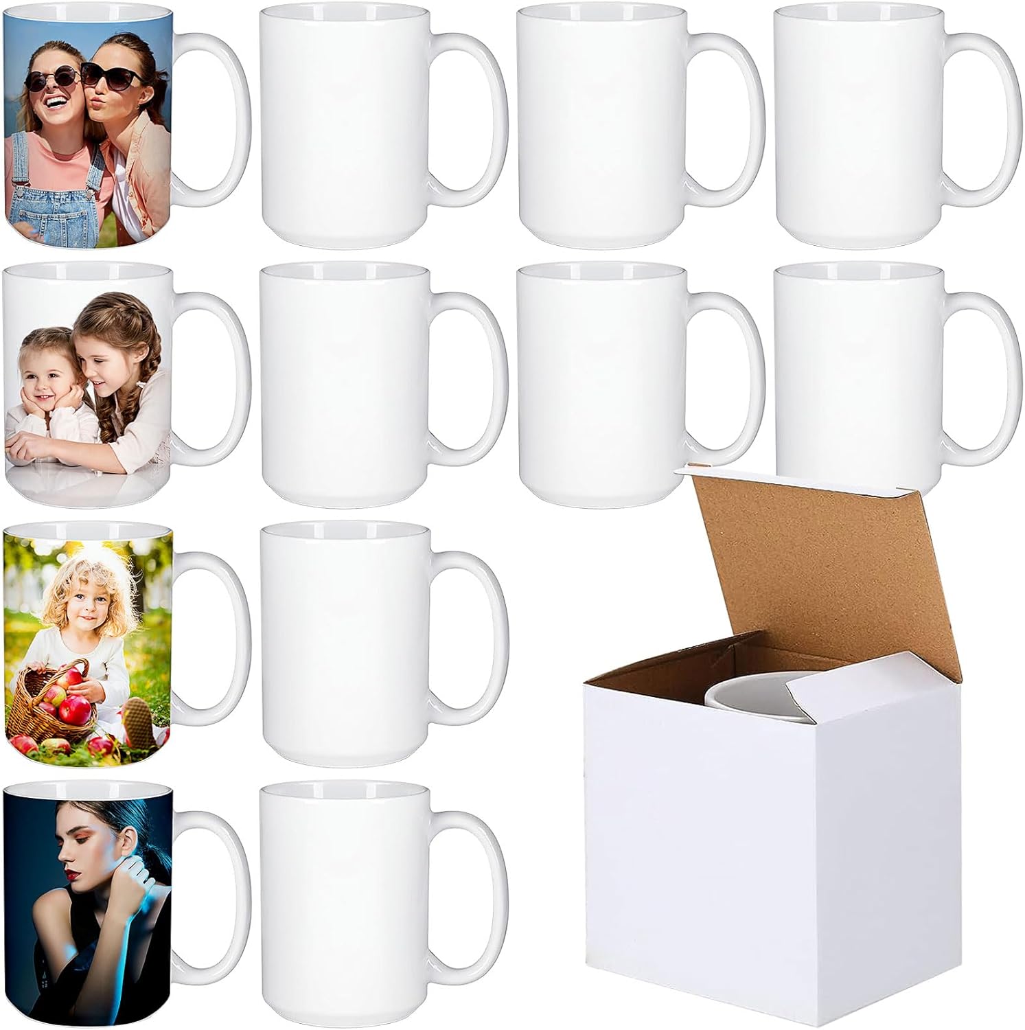 Set of 12 Sublimation Mugs Blank,15oz Coffee Mugs White Ceramic Sublimacion Cups with Box,Bulk Mugs for Coffee Tea Latte Hot Cocoa,Tazas Para Sublimacion