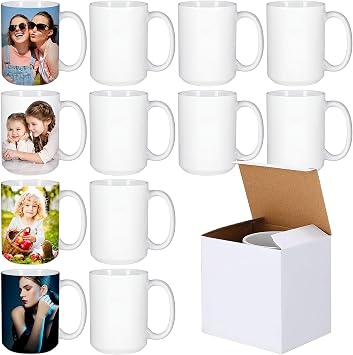 Set of 12 Sublimation Mugs Blank,15oz Coffee Mugs White Ceramic Sublimacion Cups with Box,Bulk Mugs for Coffee Tea Latte Hot Cocoa,Tazas Para Sublimacion