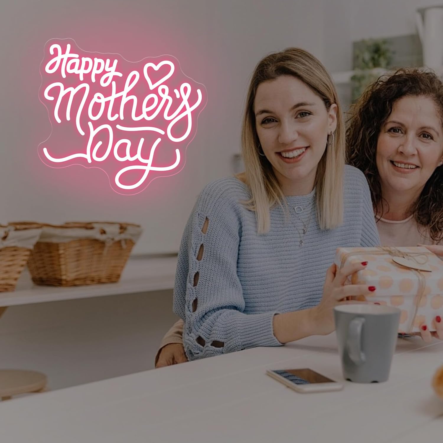 Happy Mother's Day Neon Sign - Dimmable USB LED Light, Ideal mothers day decorations, neon signs for wall decor, Home, Flower Shops & Heartfelt Gifts-Light Pink
