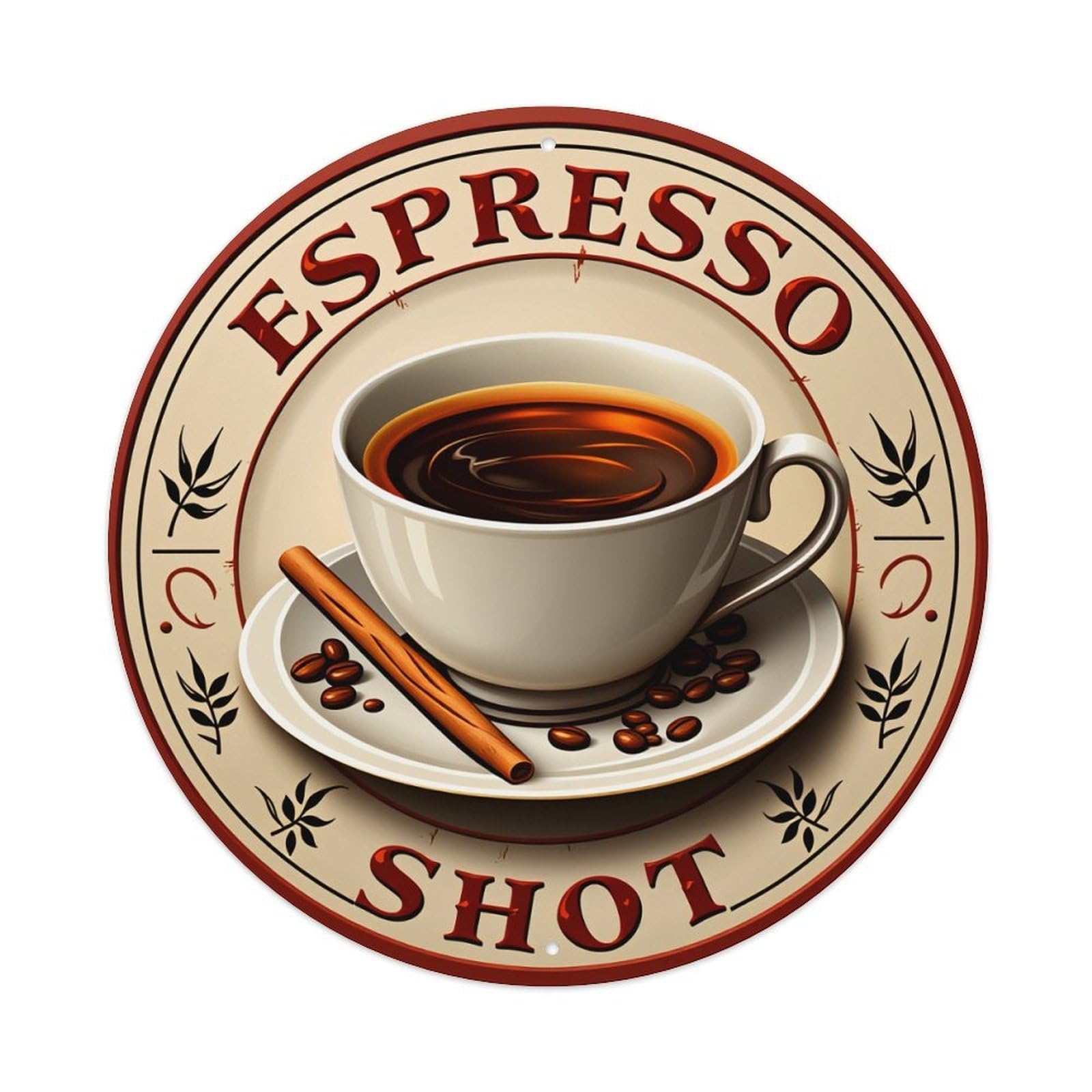 Espresso Cup Coffee Beans Cinnamon Stick Saucer Round Vintage Tin Sign,Retro Wall Art,Metal Poster for Home, Bar, Garage, Cafe, Rustic Indoor & Outdoor Decor, 8x8 Inches