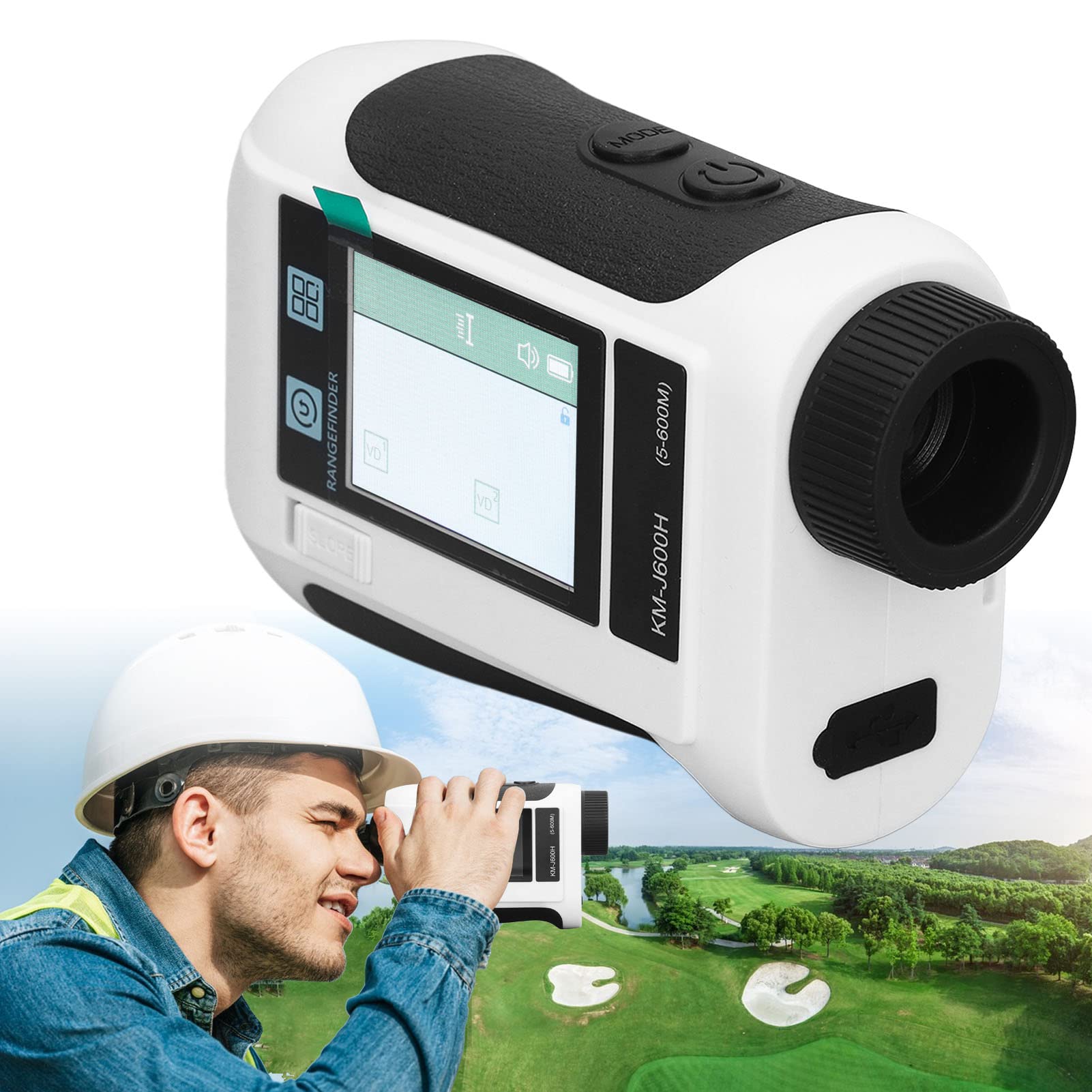 Telémetro de Golf Láser, 656 Yardas Golf Telémetro Telémetro de Golf con Aumento de 6,5X Pantalla Táctil LCD Transmisión de Voz Medidor de Distancias Deportivo para Golf Caza (Blanco)