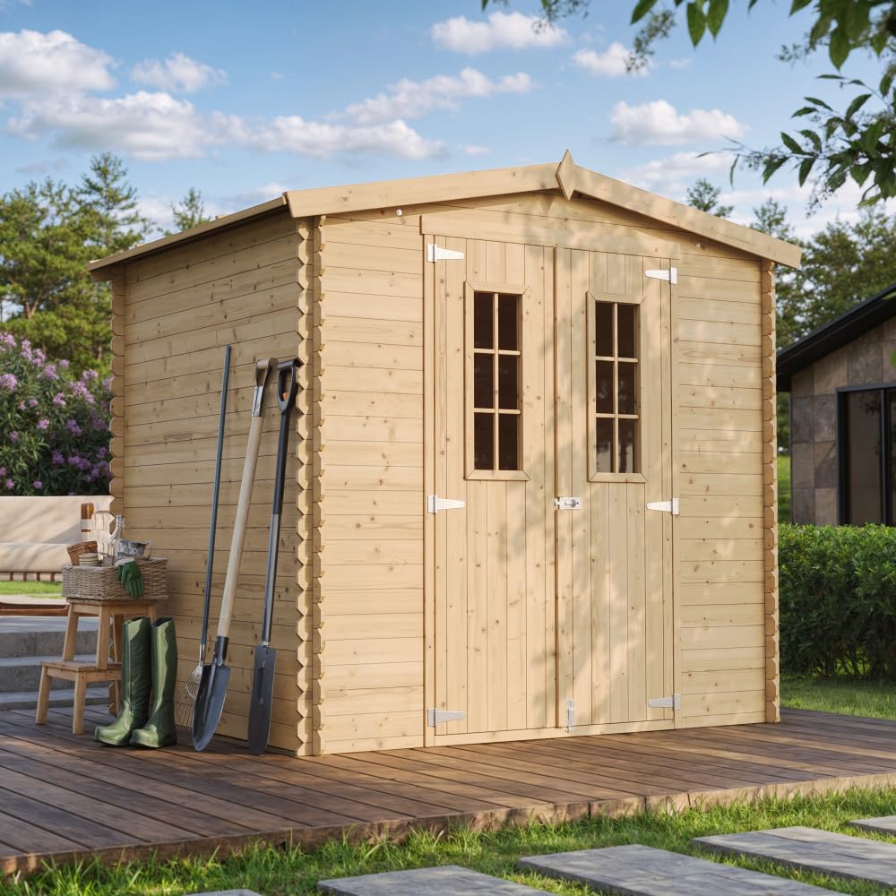 Cobertizo de Madera para jardín con Suelo TRATADO - 226x236cm/4.33 m² Cobertizo de Madera Natural - Taller de Jardín - Bicicleta, Almacenamiento de Herramientas TIMBELA M369C+M369G