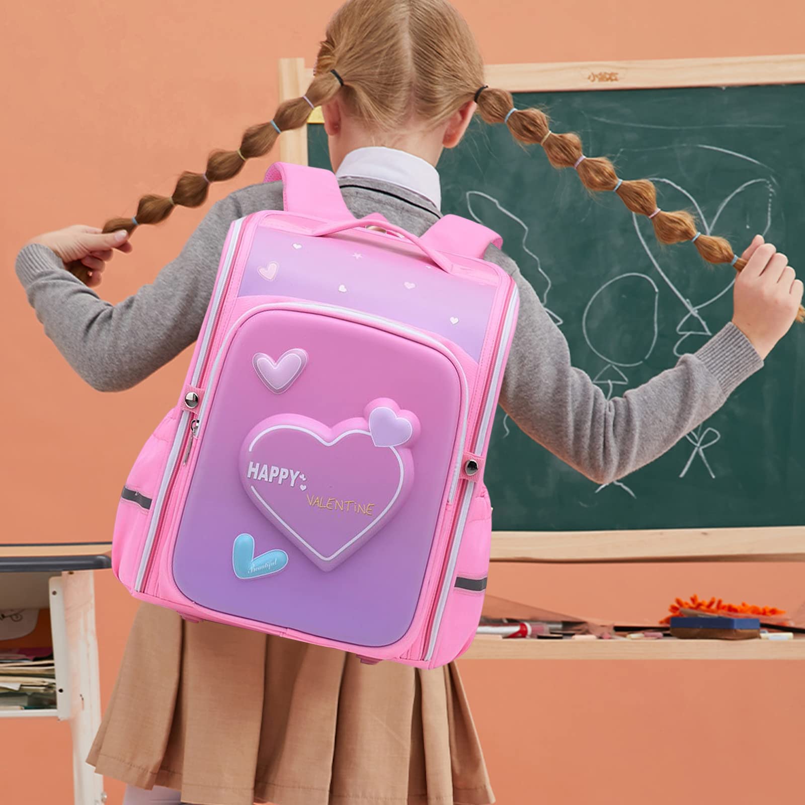 SONARIN Ergonomiczny plecak do szkoły podstawowej, lekki duży plecak dziecięcy dla dzieci plecak do szkoły podstawowej torba na książki, Różowe serce