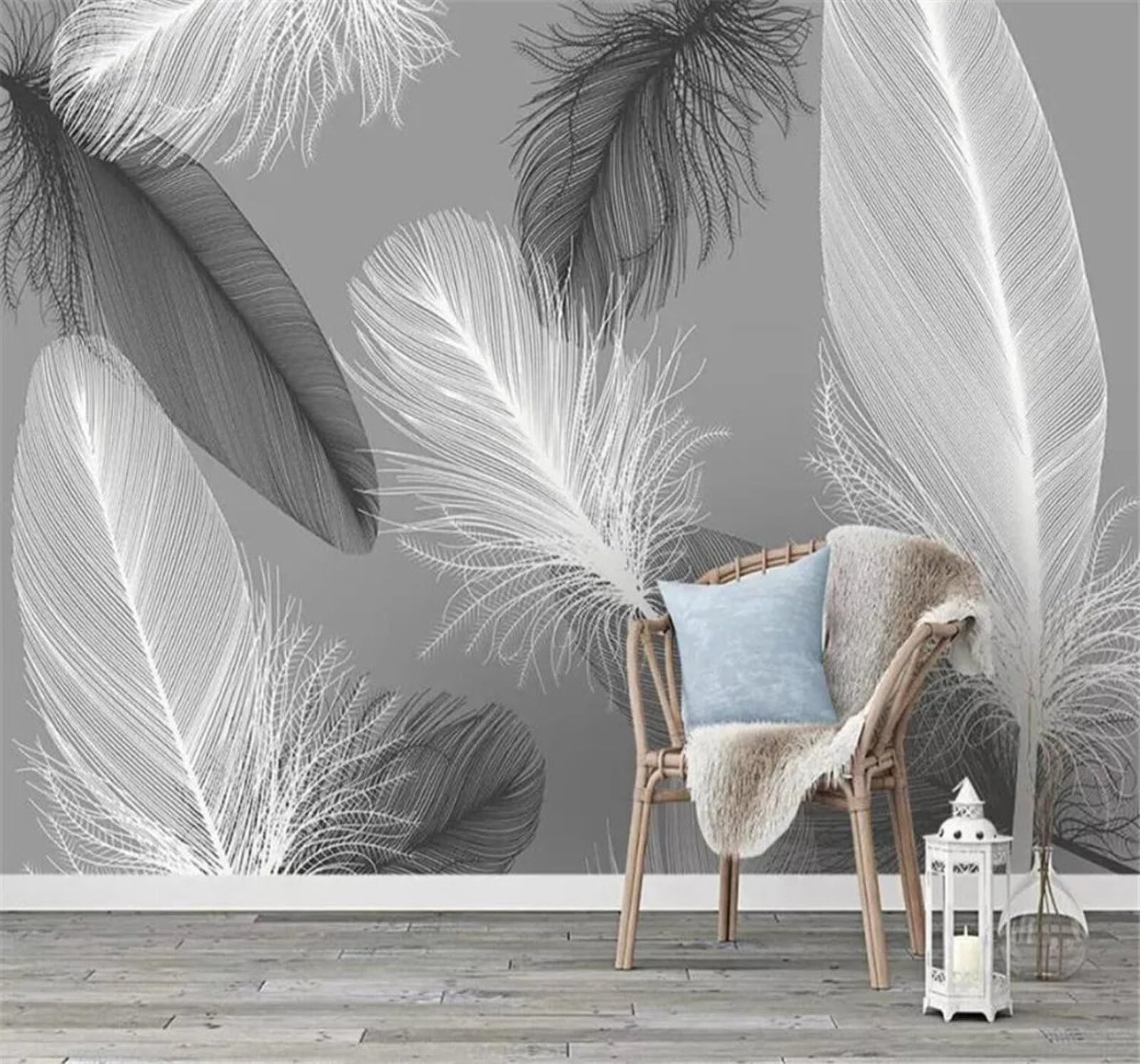 Tzxztt Minimalist Hand Drawn Black and White Feathers Art Modern 3D Wallpaper Premium Textured Silk Neutral Tones Material Ideal for Living Room Bedroom-200cm×140cm