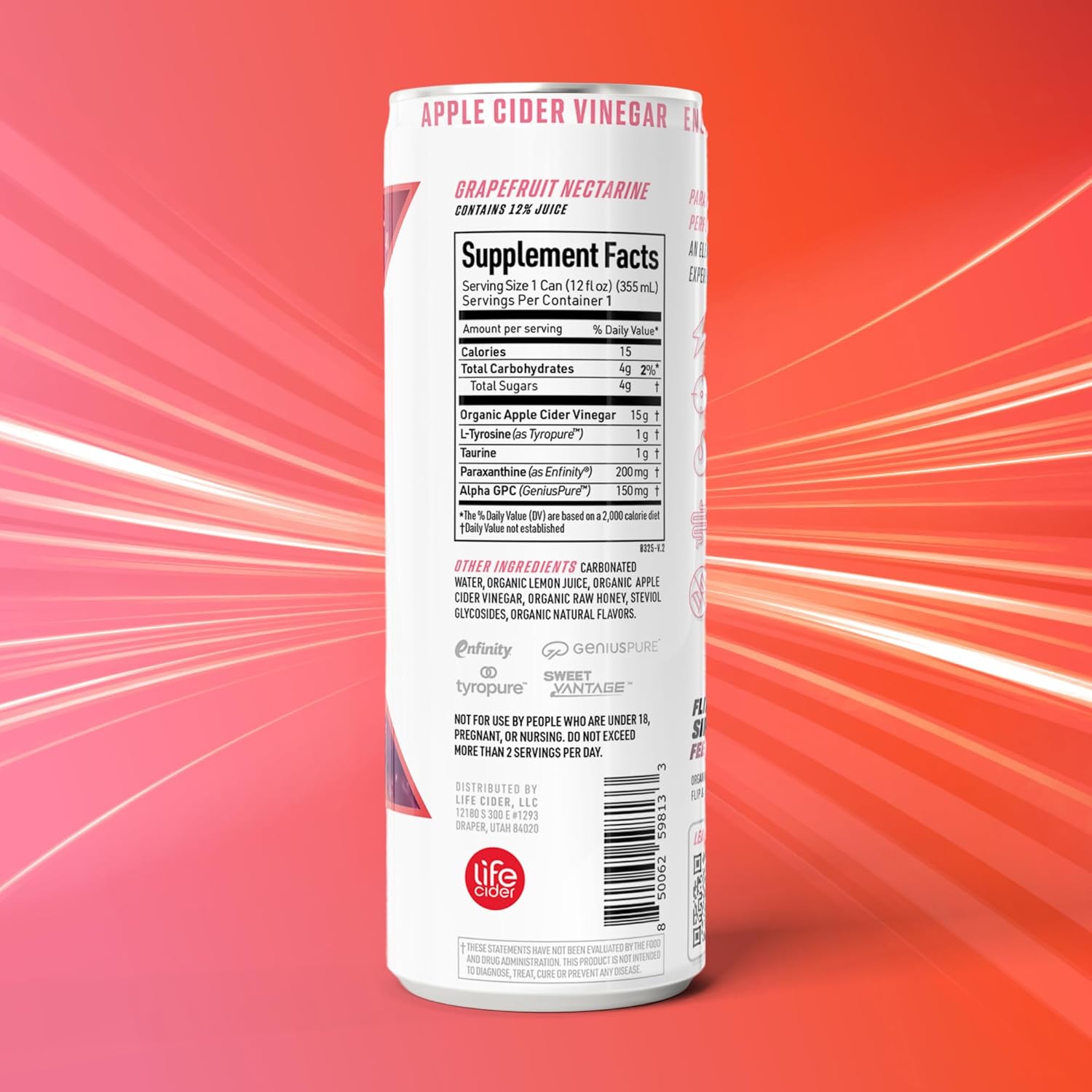 Life Cider X Grapefruit Nectarine Apple Cider Vinegar Healthy Energy Drink, 12 Pack, Organic Energy Drink Made with ACV and Paraxanthine, Natural Flavors, No Jitters, No Crash