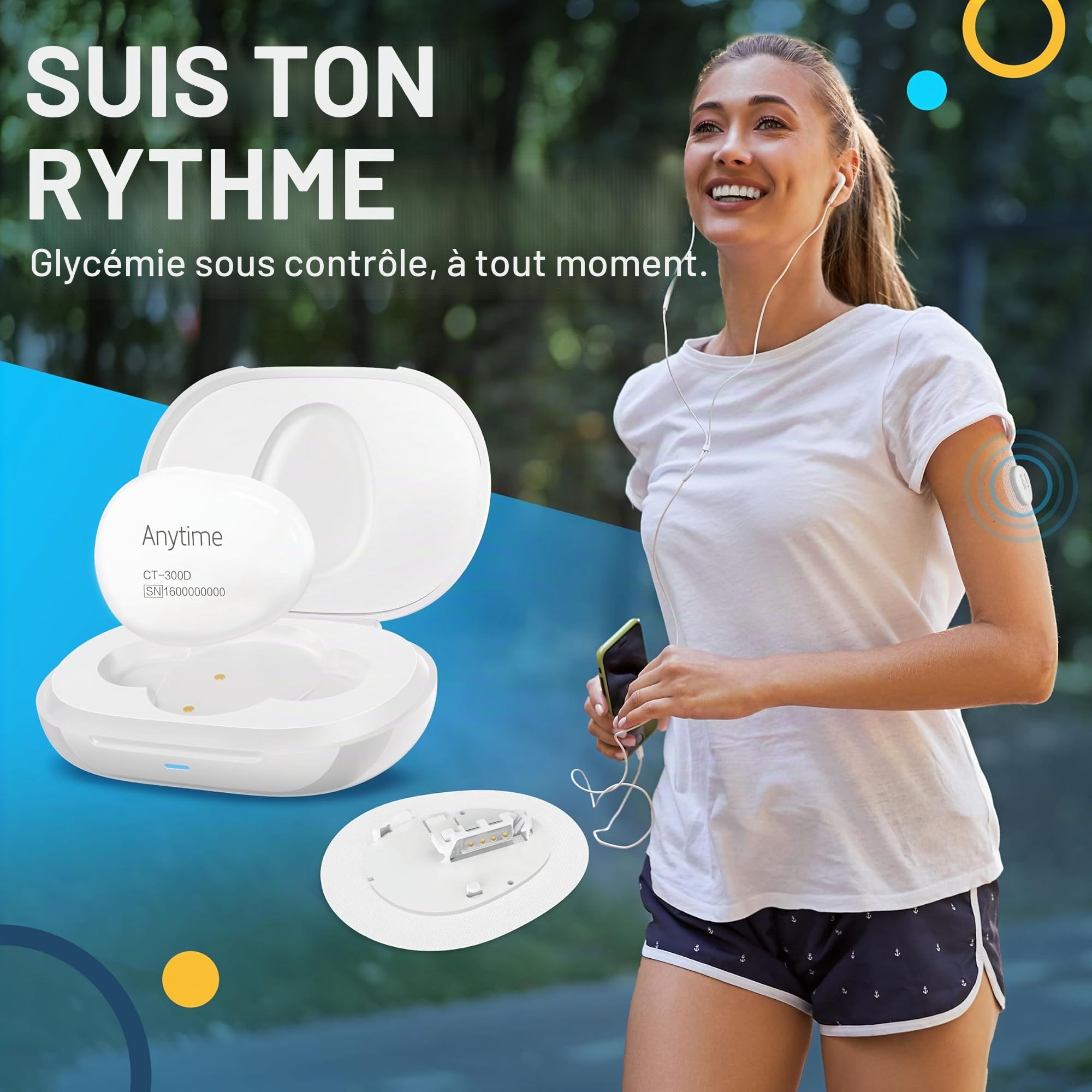 Système CGM de Suivi du Glucose – Transmetteur avec 1 Capteur, Utilisation jusqu’à 14 Jours, Alertes Intelligentes, Port Confortable, Partage des Données