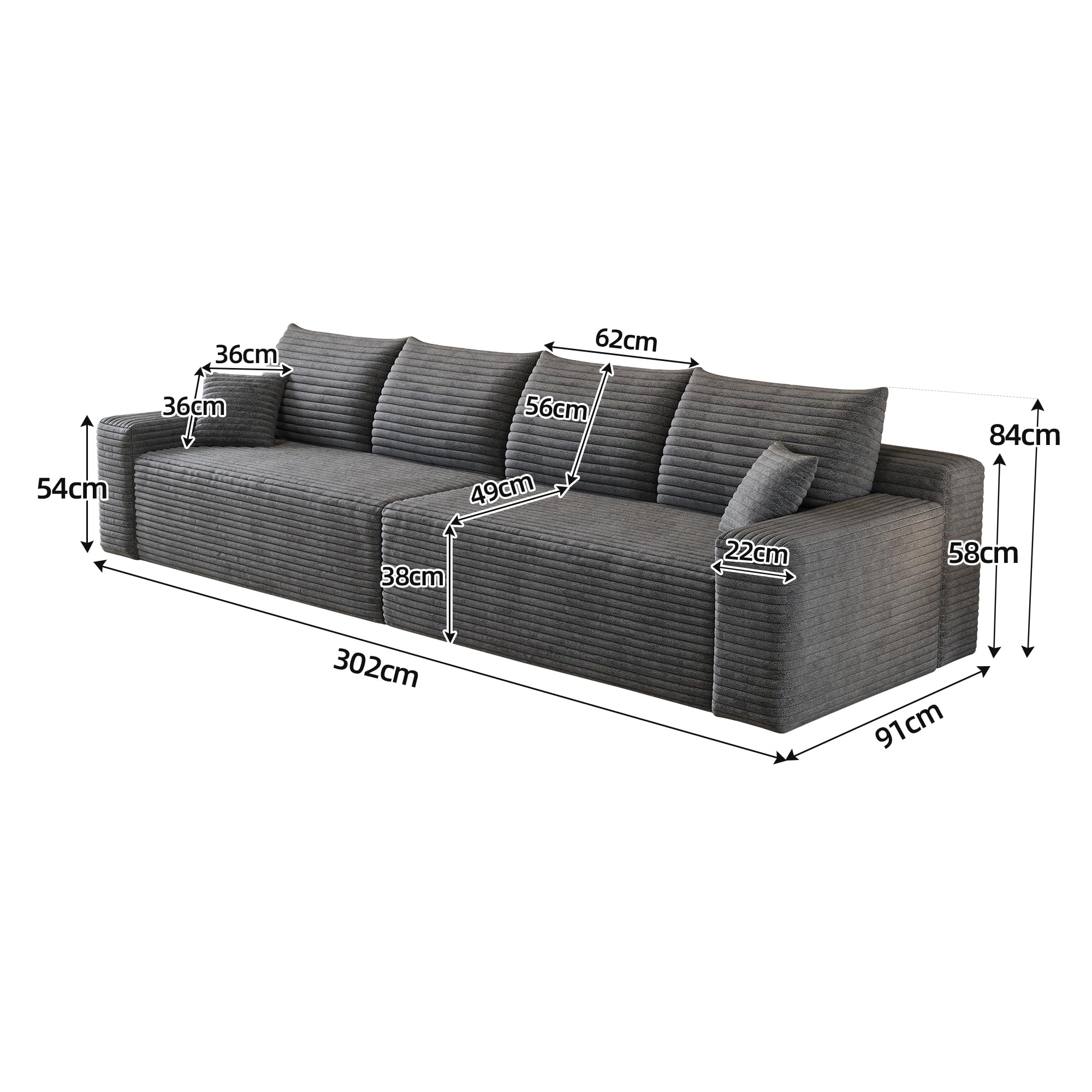 Comodo divano in velluto a coste da 302 cm, moderno e minimalista, con chaise longue in spugna, per soggiorno, modulare modulare senza ossa, grigio scuro: 4 persone