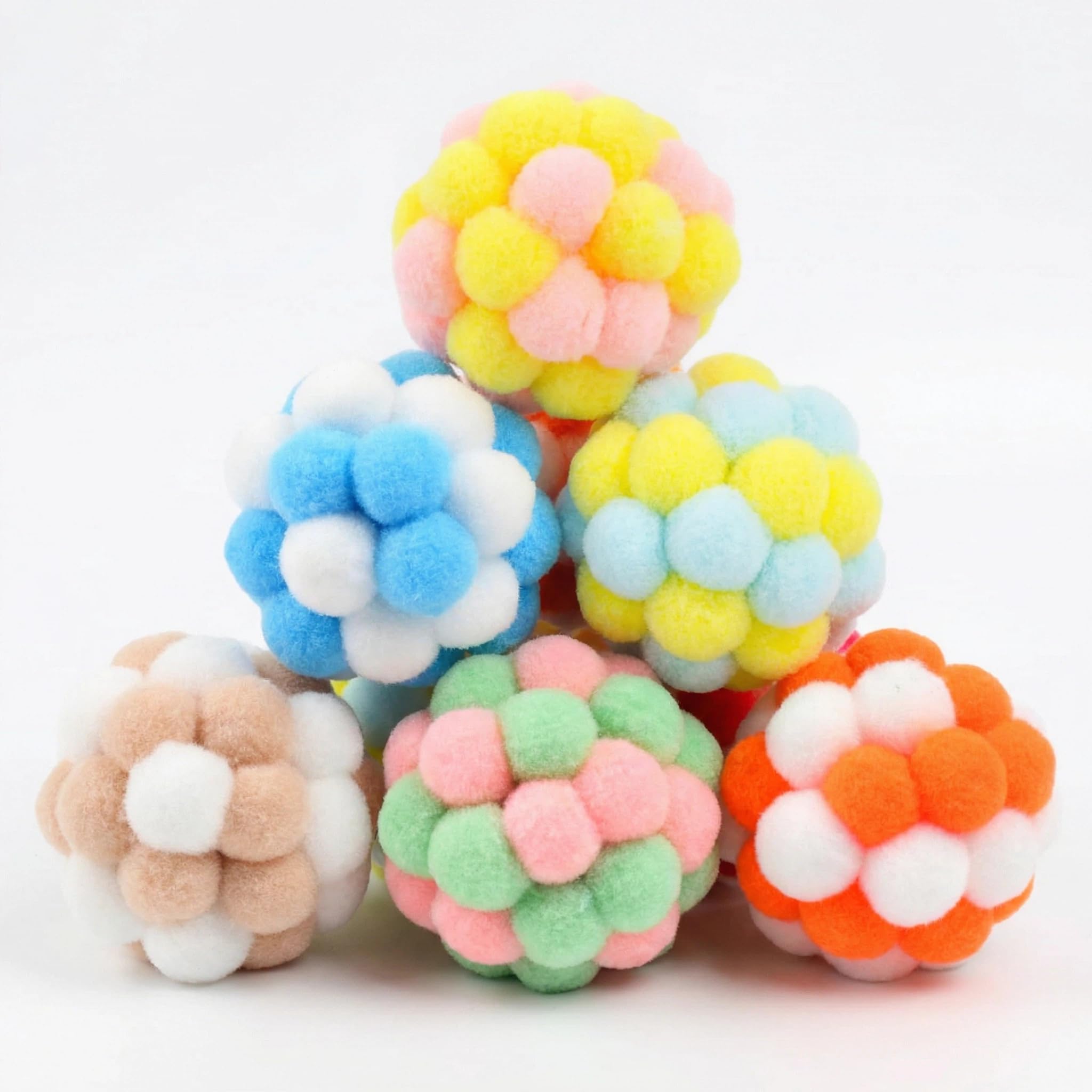 ButtVigour 6-Pack Cat Toys with Balls, Colorful Pom Pom Balls with Gentle Jingle Bells, Soft Plush Fuzz balls for Kittens and Indoor Cats, Gentle on Paws and Mouth, Quiet Play Toys for Boredom Relief