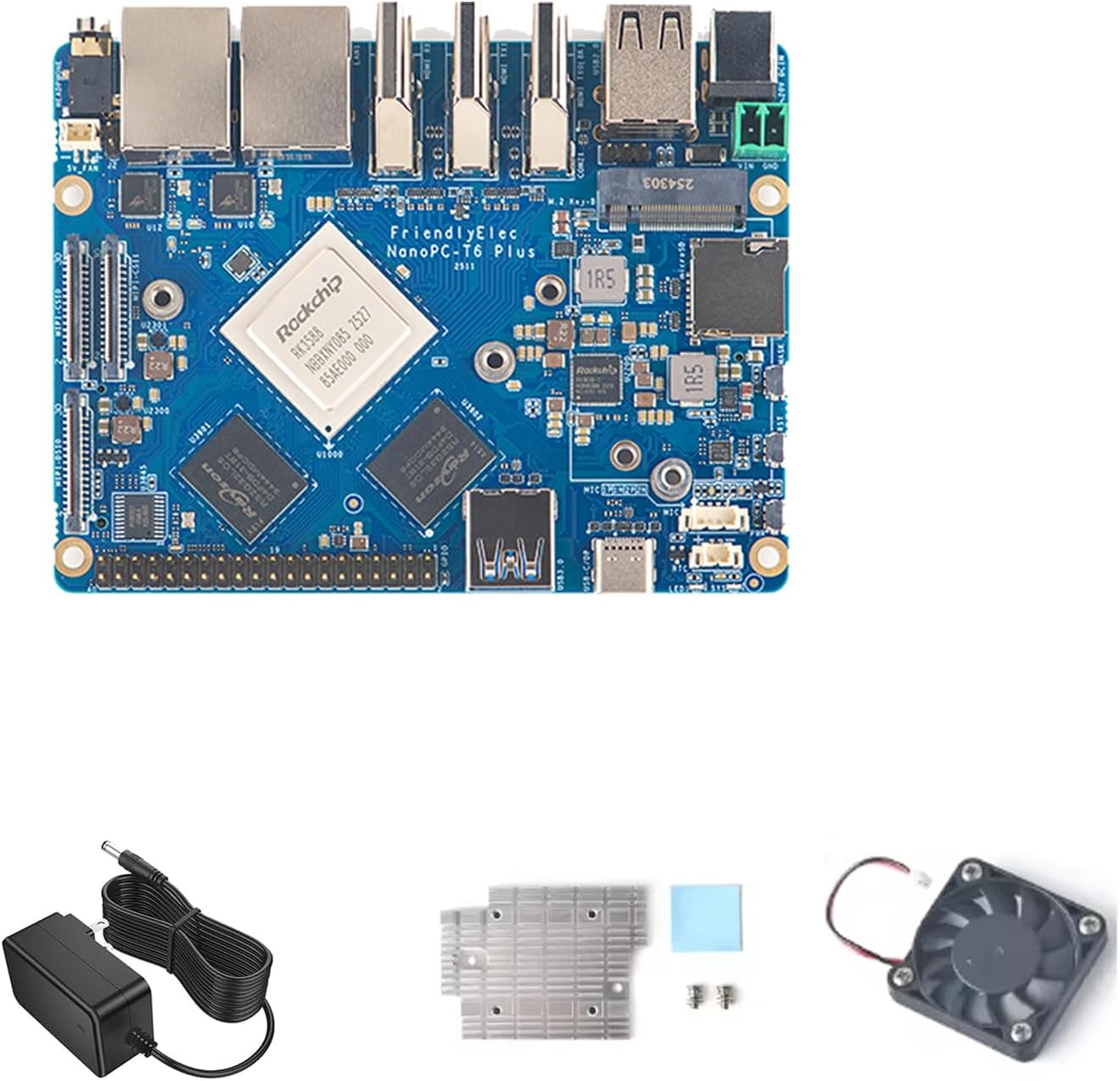 NanoPC-T6 Plus Single Board Computer, RK3588 Octa-Core SoC 6TOPS NPU, 8K H.265/H.264 Codec,16+64GB Dual 2.5G Ethernet, HDMI in/Out, M.2 PCle 3.0 x4 (None WiFi, Fan Kit)
