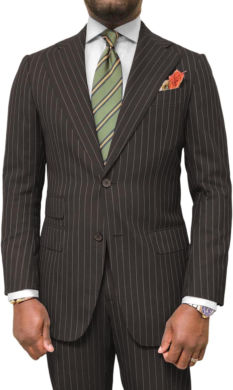 Wangyue Men's Slim Fit Navy Blue Pinstripe Suit, 2 Piece Suit for Formal Business, Wedding, Prom, Adult Men, Large