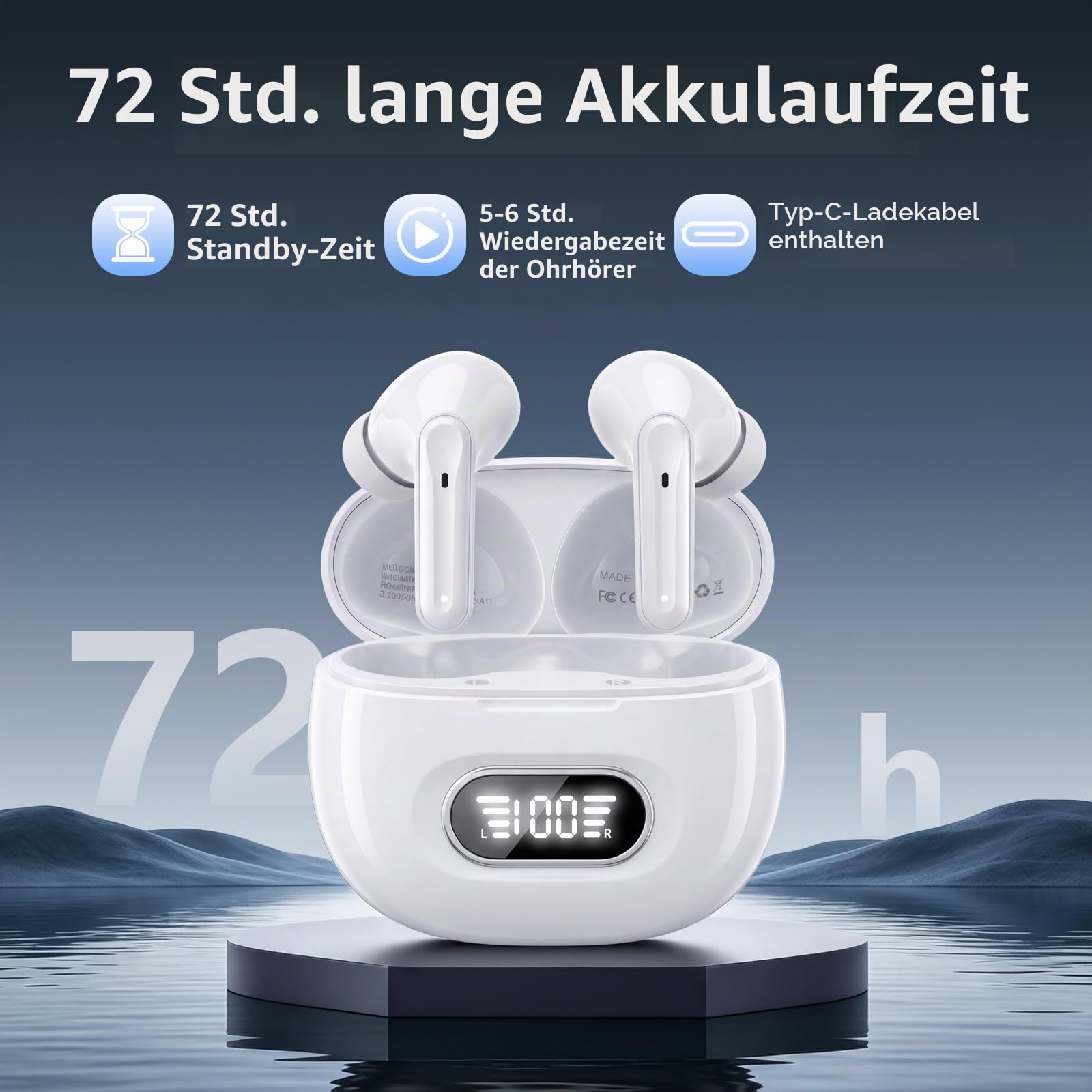 Bluetooth Kopfhörer, Kopfhörer Kabellos Bluetooth 5.3 mit 72std Spielzeit, ENC Noise Cancelling Wireless Earbuds Tiefer Bass, Touch Control, IP7 Wasserdicht Ohrhörer LED-Anzeige für Arbeit/Studium