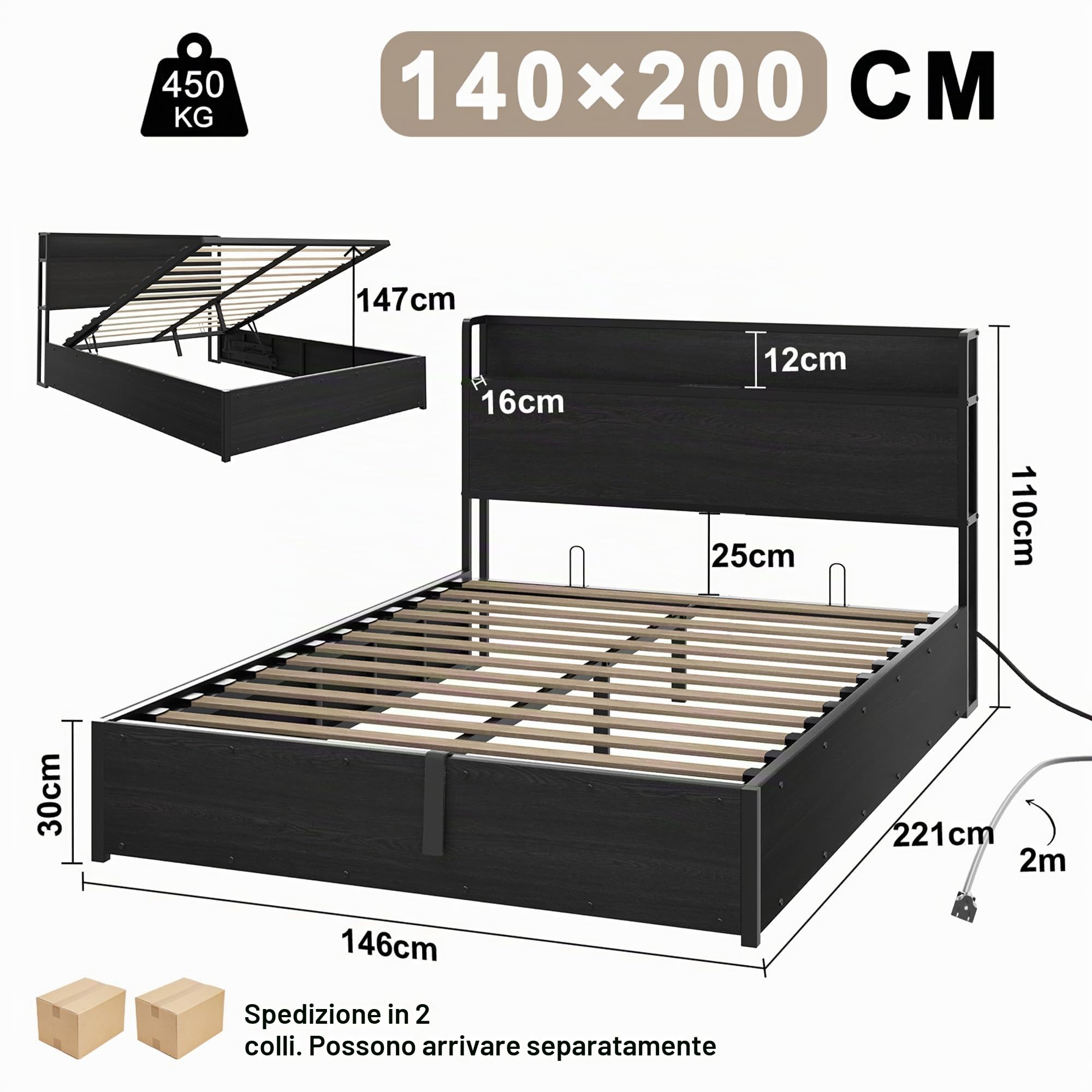 LUXOAK Letto Contenitore con Sollevamento 140 x 200 cm, Spazio Contenitore e Stazione di Ricarica, Nessun Box Spring Necessario, Silenzioso, Nero, Senza materasso