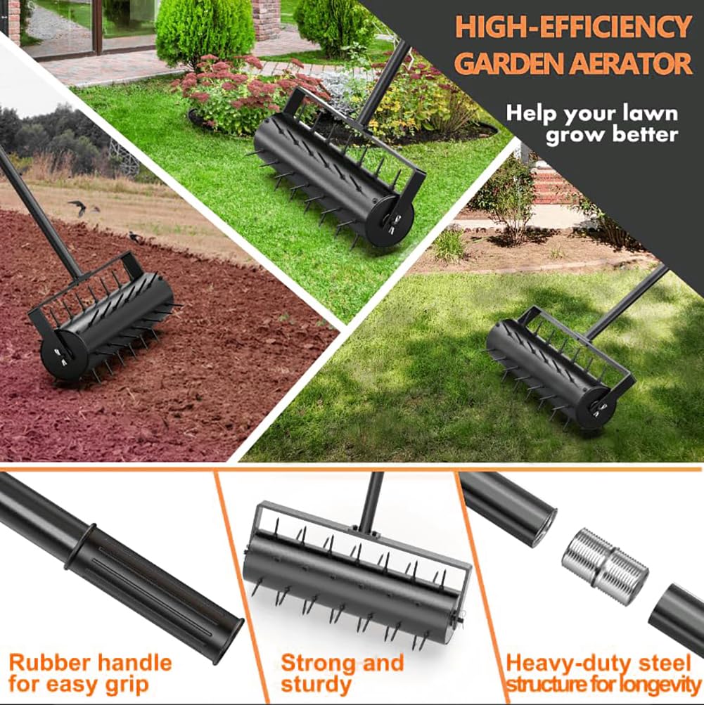 Aireador de jardín para césped, aireador de césped de 40 cm, Herramienta de aireador de césped rodante, aireador de césped Manual de jardín Resistente, aireador de púas para césped, Mango