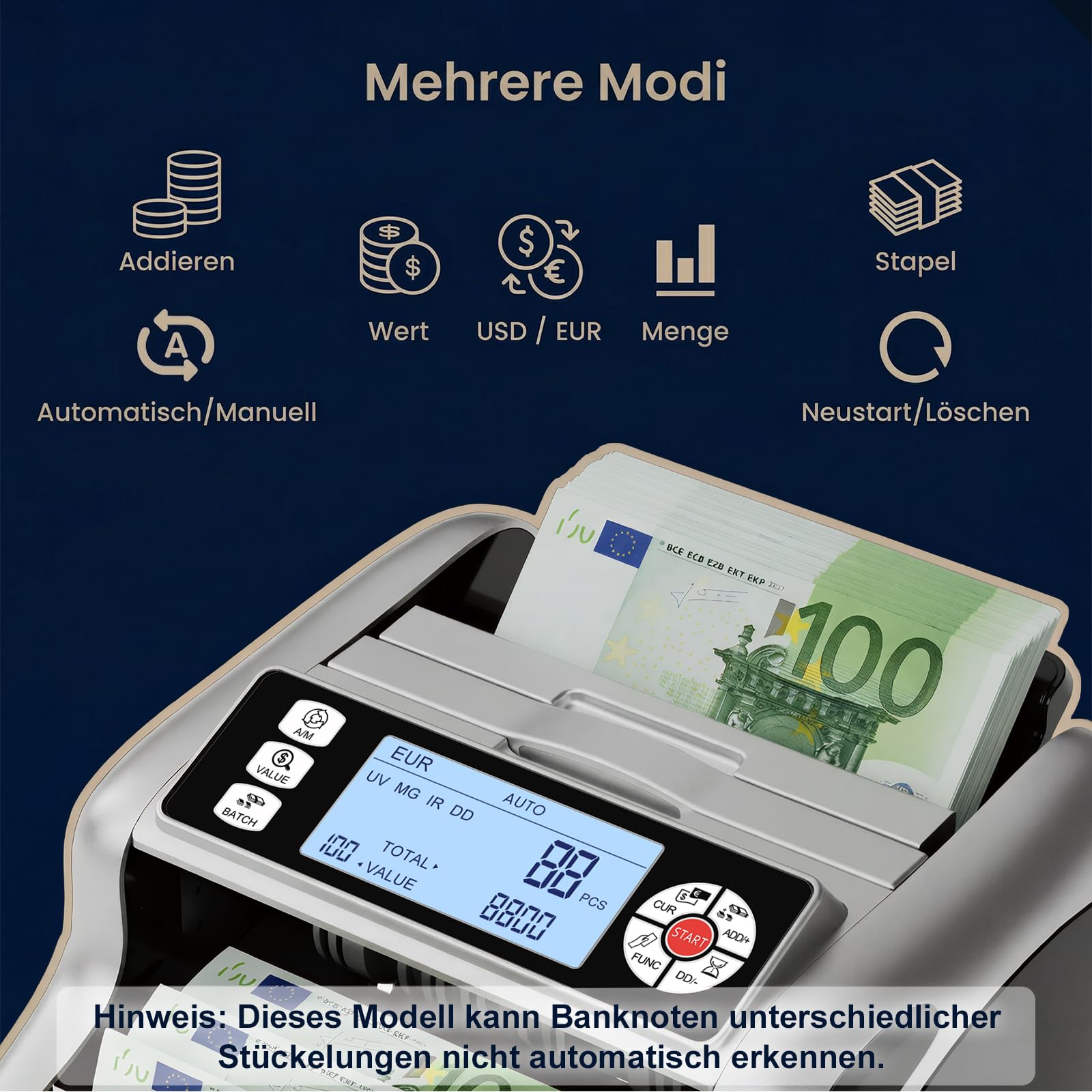 Aneken K08 Geldzählmaschine mit 3,8" Großem LCD & Value Display, 6-fach UV/MG/IR/DD/VI/FA Falschgelderkennung, Addieren/Batch-Modus, 1200 Scheine/Min., einfache Bedienung, für EUR/USD