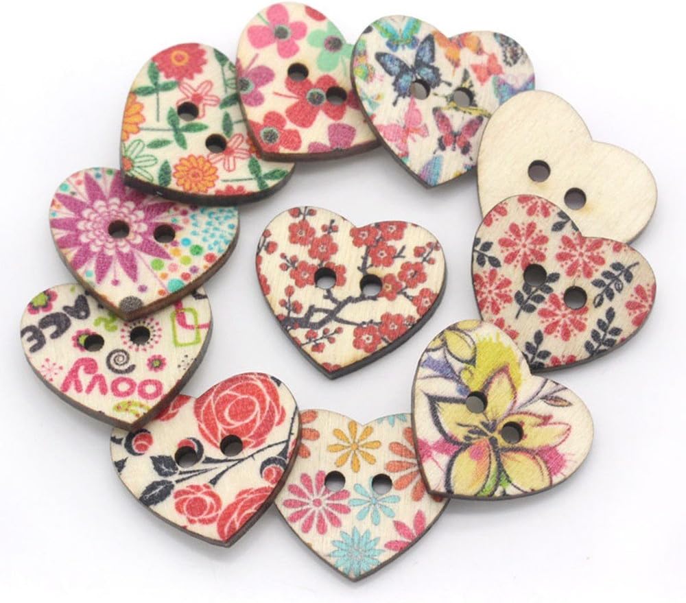 DAWEIF 100 Pcs Multi-Color 2 Holes DIY Heart Shaped Decorative Button DIY Wood Buttons for Sewing Clothing Crafts