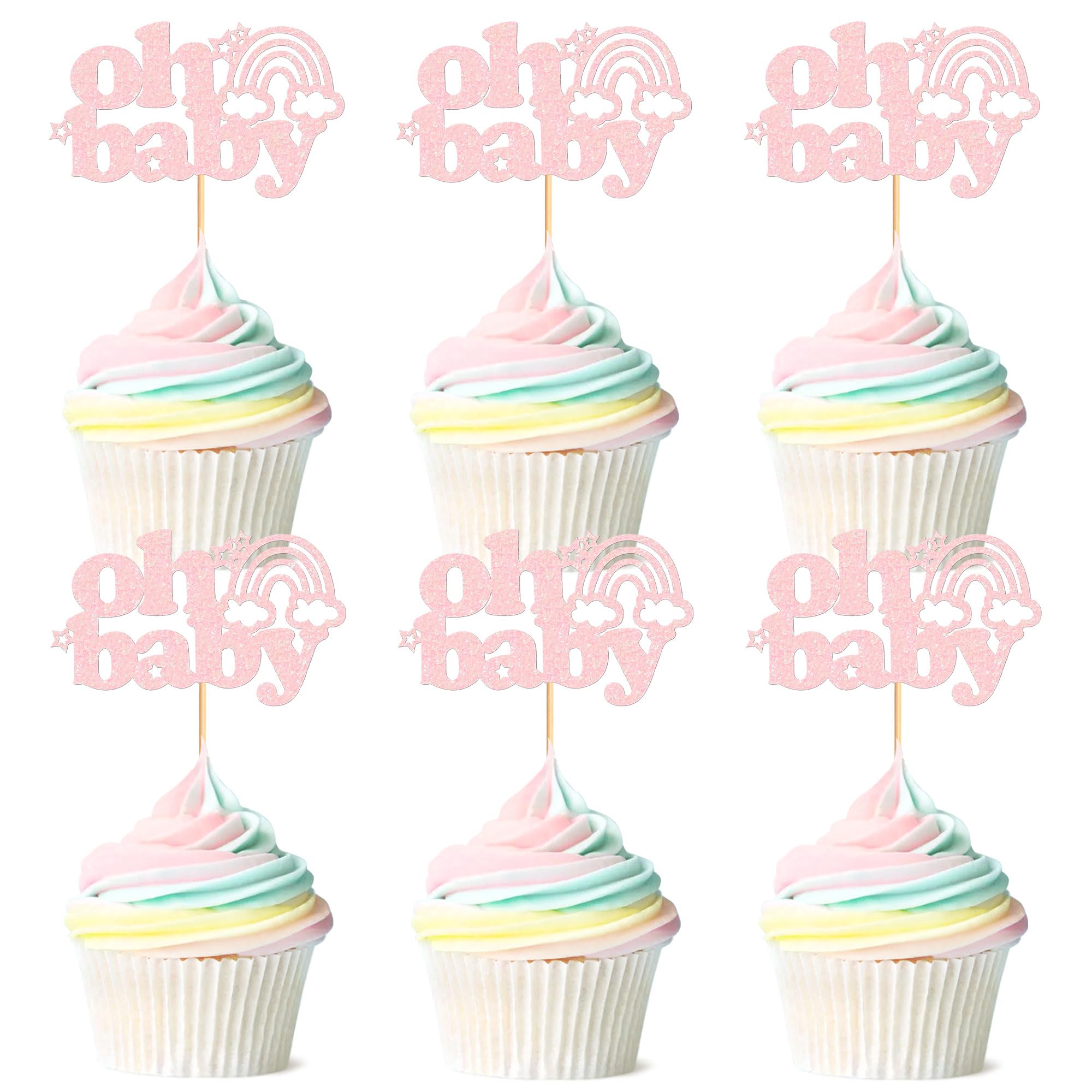 Ercadio 24 Pack Boho Rainbow Oh Baby Cupcake Toppers and Picks - Rose Gold Cake Decorations for Rainbow Theme Birthday Party Supplies