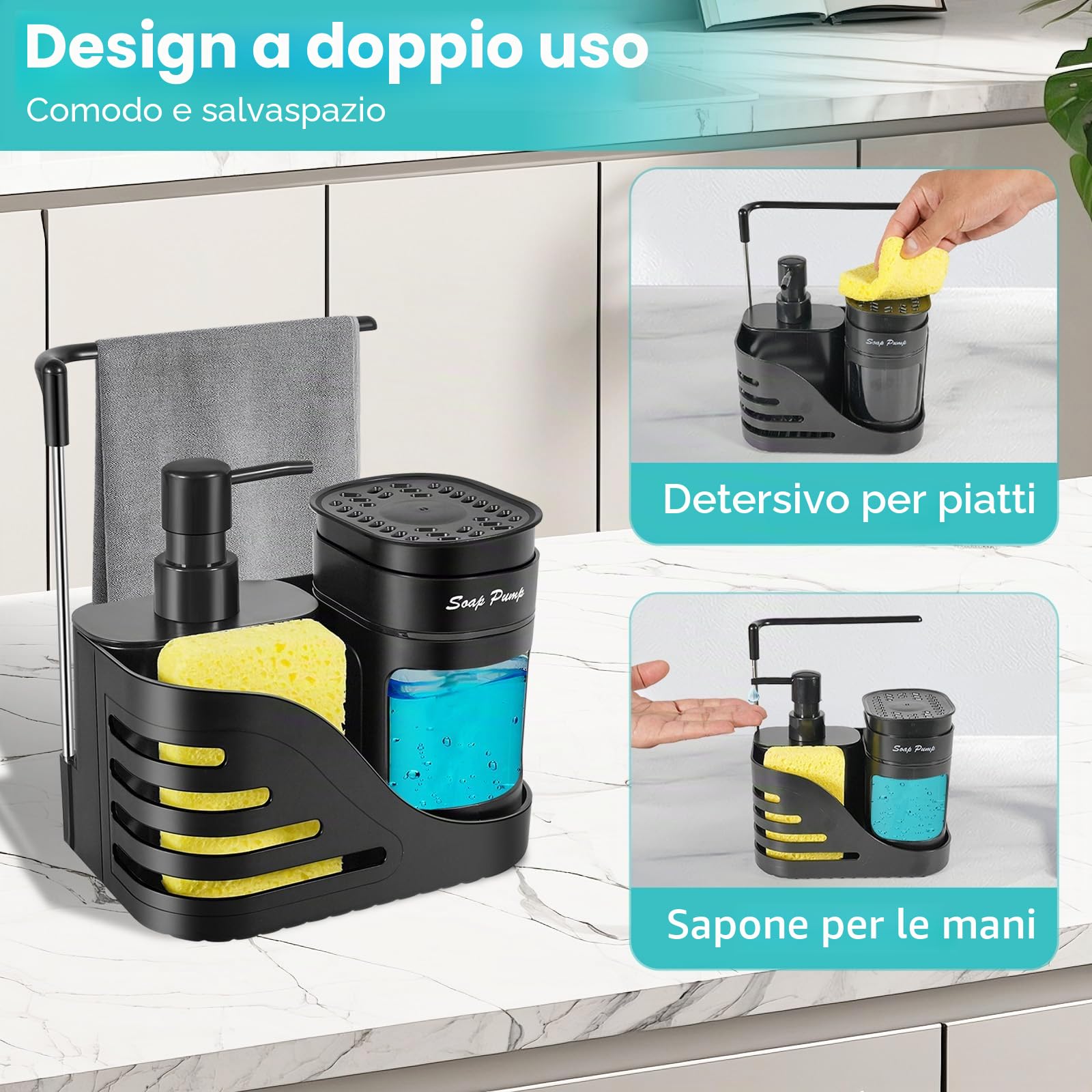 Dispenser di sapone a doppia mano & Dish per lavello da cucina, nero