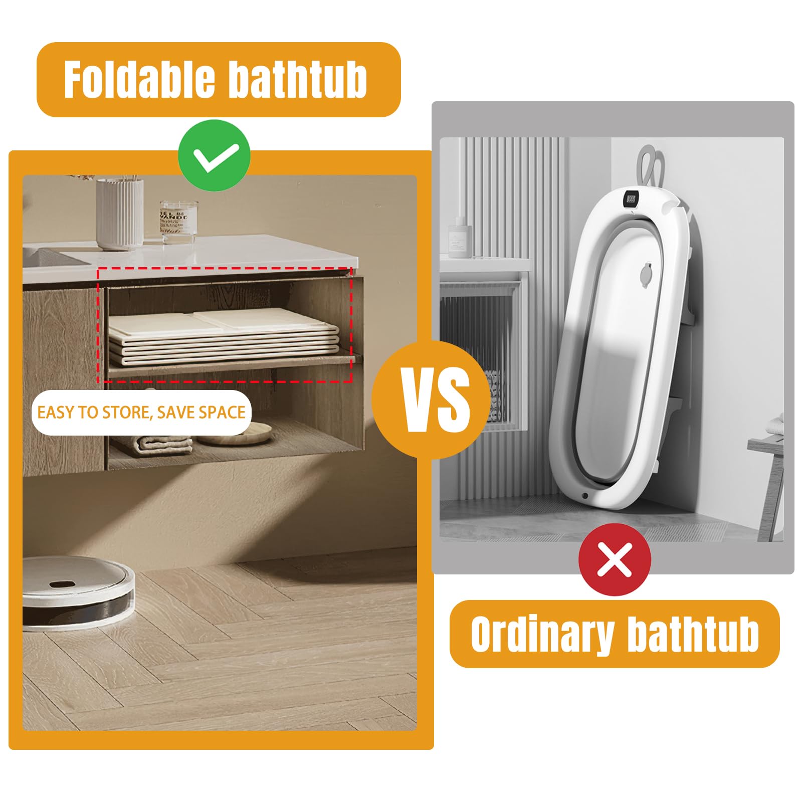 Baignoire pliable bébé pour enfants 0-8 ans avec bouchon de vidange, Beige