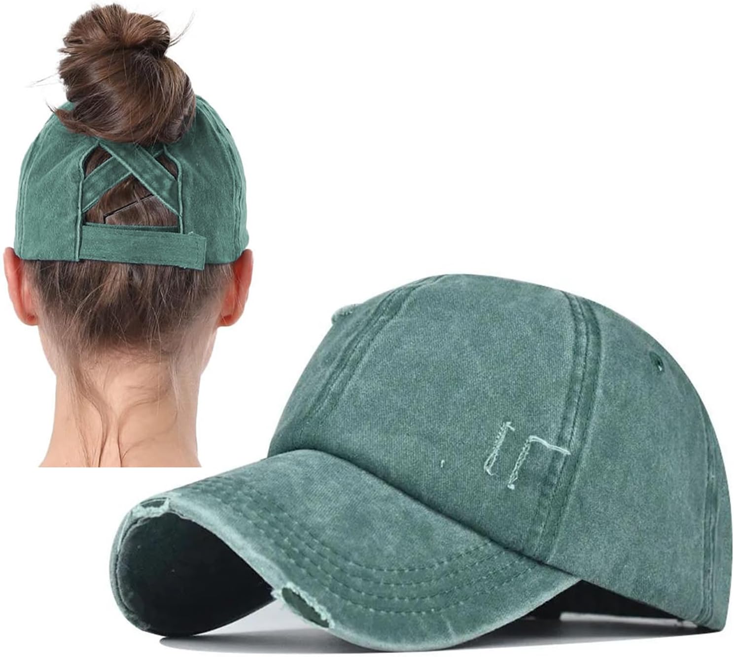 2 Packs Distressed Ponytail Hat for Women Criss Cross Hat Baseball Cap Pony Tail Caps High Bun - Image 5
