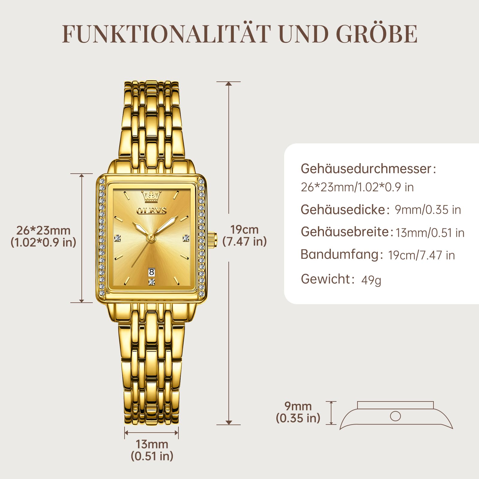 OLEVS Reloj Mujer, Rectangular Acero Inoxidable Analógico de Cuarzo Mujer de Reloj, Clásico Diamantes con Fecha Relojes, Pulsera Esfera Grande