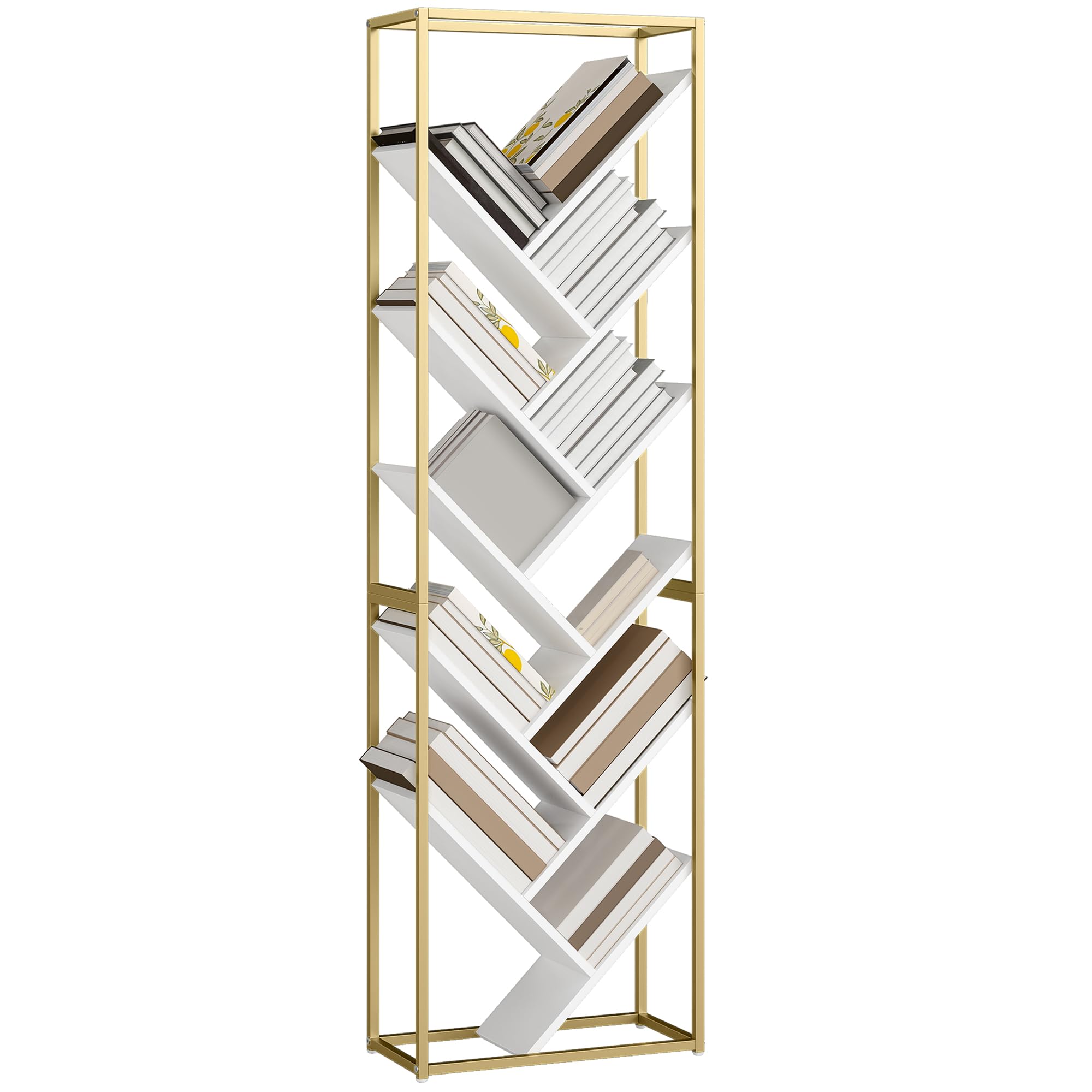 Homcom Brown/Black/White 10 Tier Tree Bookshelf Industrial Tall Bookcase Rustic - And Gold