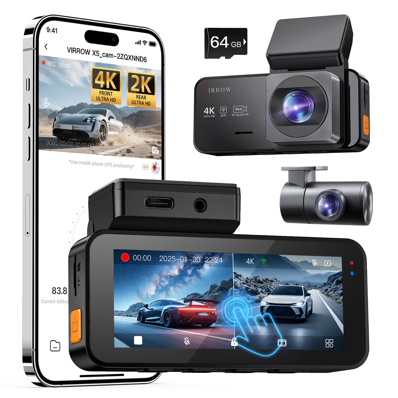 Dash Cam Front and Rear: 4K+2K Dash Camera for Cars - Dashcam Built-in WiFi APP Control 64GB Included 3.39" Touchscreen 24H Parking Monitor WDR Night Vision Loop Recording Collision Detection(X5)