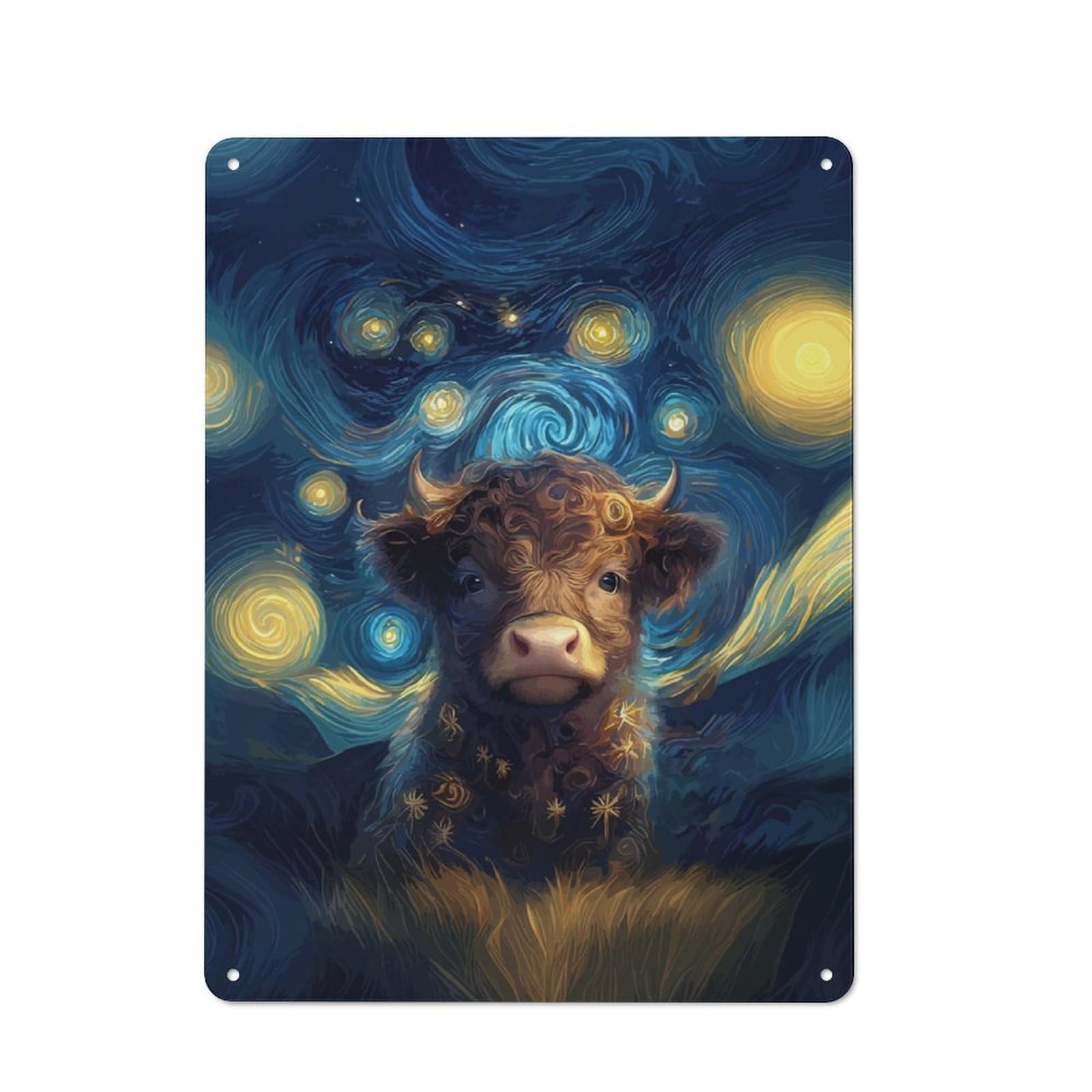 Junmoney Starry Night Highland Cow Tin Sign 40X30cm For Café Or Home Bar, Rustic Wall Decor, For Garage, Workshop And Man Cave Decoration