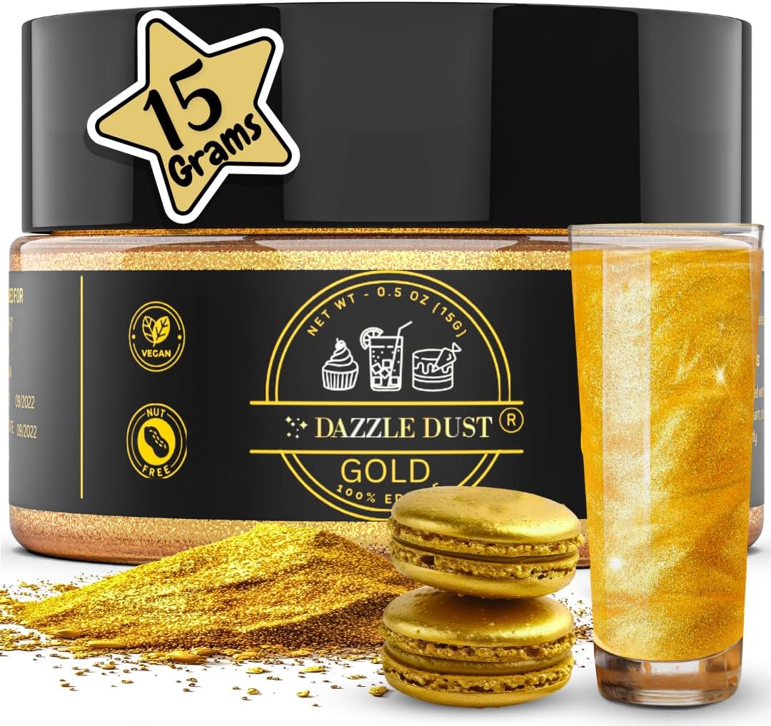 Dazzle Dust Edible Glitter Powder Sprinkles for Cake Decorating, Drinks, Cookie, Icing, Dessert Decorations, Sparkly Luster, Food-Grade, Vegan, Gluten Free, Kosher, Bulk 15g, Gold