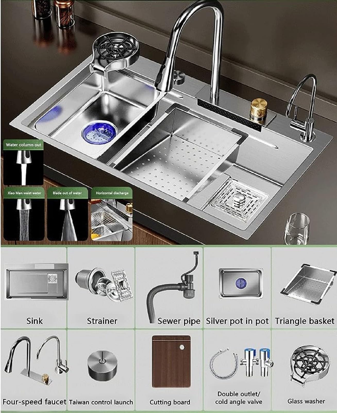 Set lavello da cucina in acciaio inox con cascata integrata e rubinetto estraibile, grande vasca doppia vasca 68 x 45 x 21 cm, qualità professionale, facile da pulire