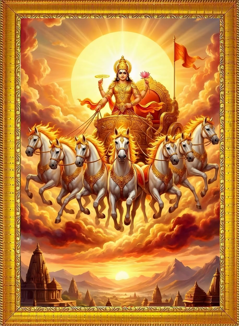 Meclay Arts Lord Surya Dev 7 Horses Photo Frame 9x12 Inch | Sun God with 7 Horses Painting with Premium Golden Frame | Vastu Wall Decor for East Direction, Success & Office-image-31