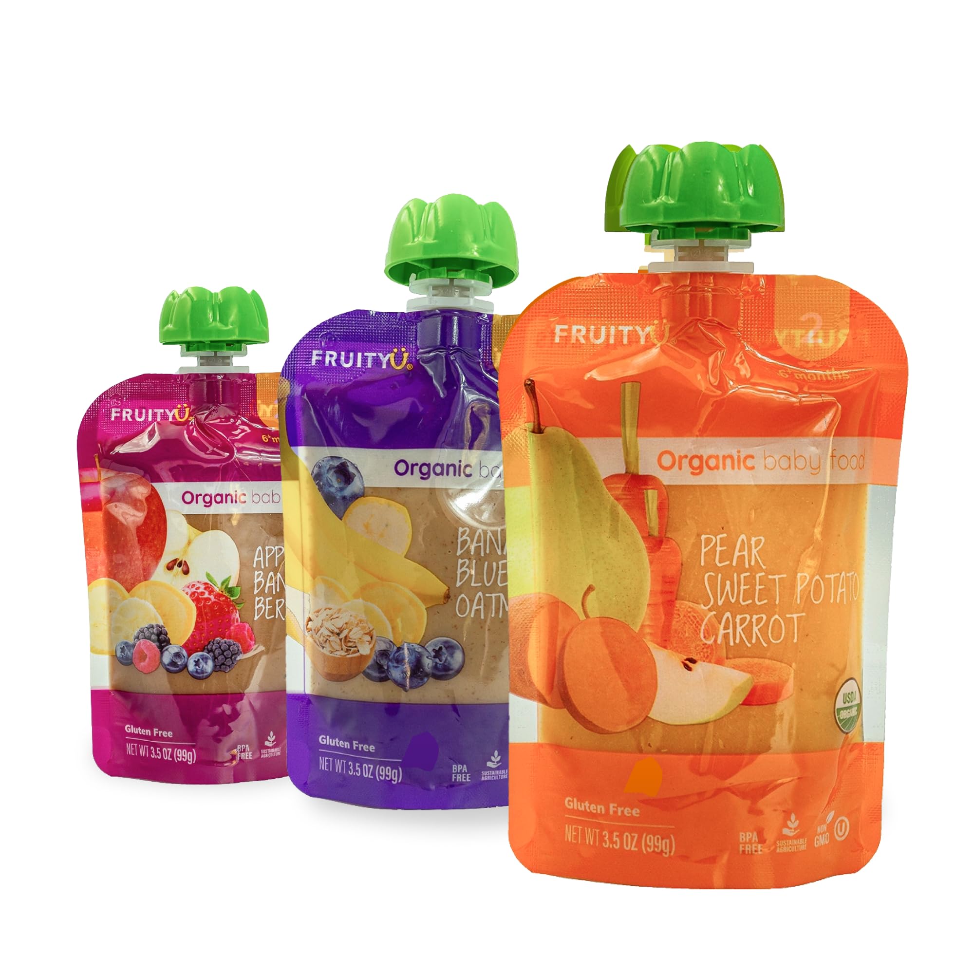 FruityU Organic Baby Food Variety Pack, Stage 2, Gluten-Free, Non-GMO, Includes Banana Blueberry Oatmeal, Pear Carrot Sweet Potato, Apple Banana Berries, 12 Pack, 3.5 Oz Pouches
