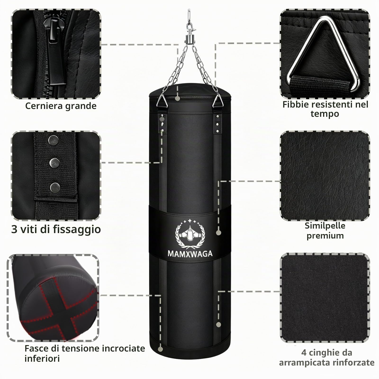 Sacco da Boxe Tela per Adulti 120cm, Pesanti Sacchi Pugilato da Appendere con Rotatore, Non-Riempito Canvas Punching bag Portata Massima 80kg