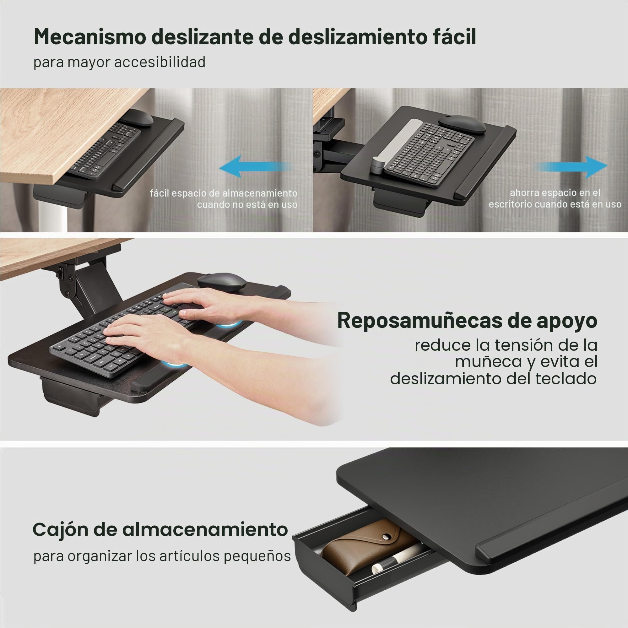 PEGZONE Bandeja para teclado debajo del escritorio con cajón de almacenamiento, gran 635 x 270 mm, ergonómico de altura ajustable, bandeja de teclado giratoria e inclinable para oficina, hogar
