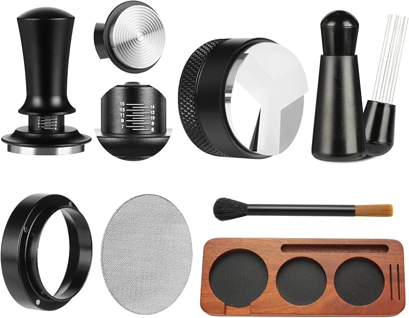 7 PCS Espresso Accessories,WDT Tool Espresso Machine Tamper Tools | Barista Tools Kit,Coffee Tamper with Wood Espresso Tamping Station,Distributor,Stirrer,Dosing Funnel,Brush,Puck Screen(51mm)