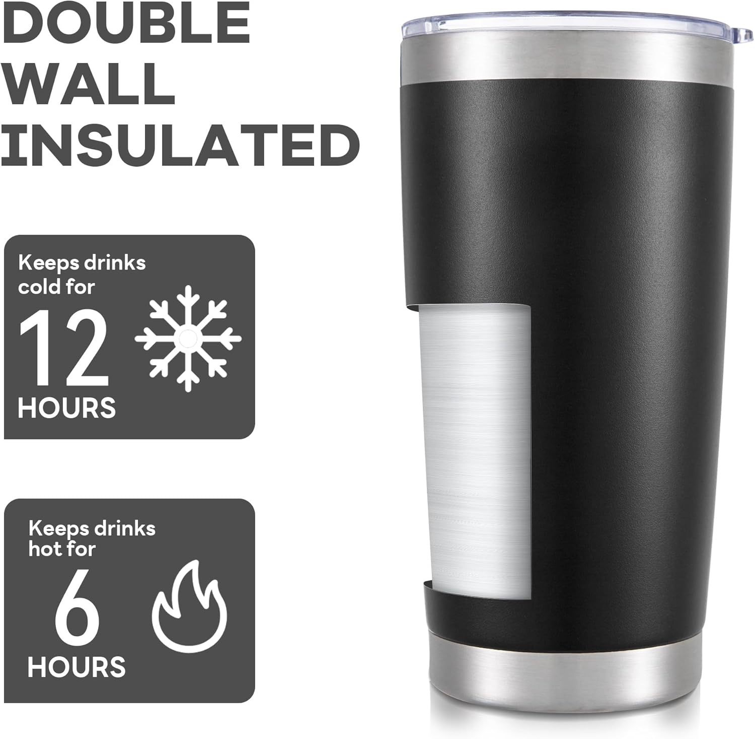 20 oz Tumbler with Lid Stainless Steel Insulated Tumblers Bulk Double Wall Vacuum Cups Powder Coated Travel Mug Keep Drinks Cold and Hot, Black, 12 Pack - Image 3