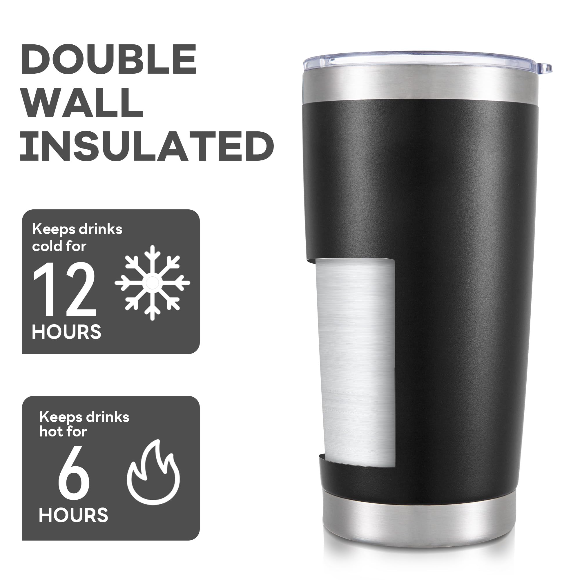Lot de 4 gobelets isothermes à double paroi en acier inoxydable de 591 ml avec revêtement en poudre pour garder les boissons froides et chaudes, noir