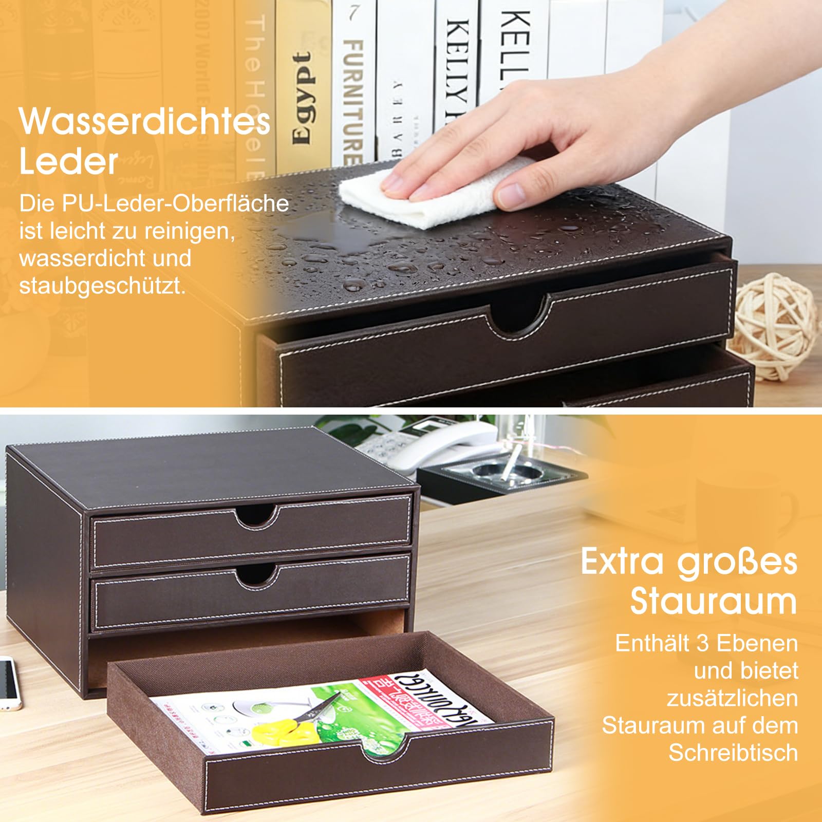 Boîte de rangement de bureau en cuir synthétique avec 3 tiroirs A4 - Organiseur de bureau - Pour documents et fournitures de bureau - Marron