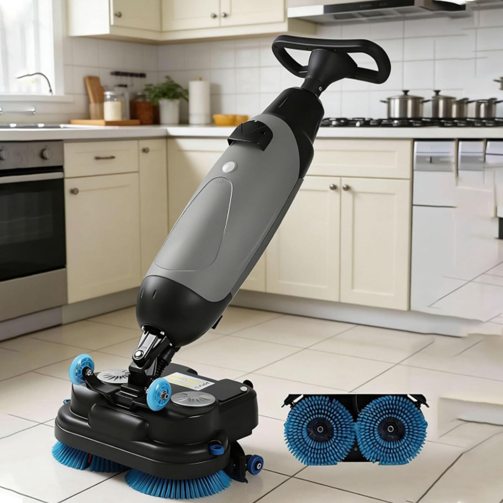 Oiyekntd Walk Behind Automatic Floor Scrubber Machine, Compact & Portable, 17” Cleaning Width, Walk Behind Floor Scrubber Dryer for Small Commercial Spaces, Offices, Retail Grey