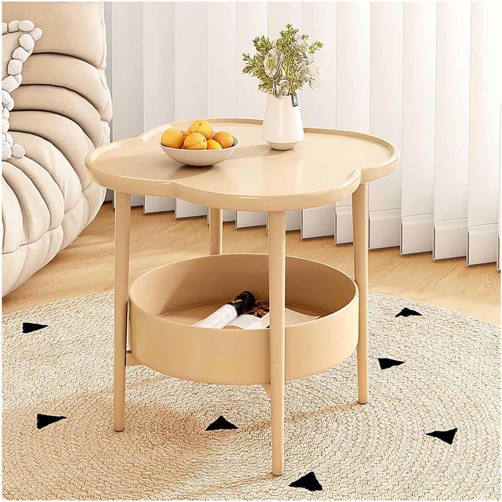 SXZenSpace Side Table 2-Tiers End Metal Coffee Small Sofa Simple Cafe Accent Bedside Nightstand Storage Tea for Living Room, Save Spaces,beige
