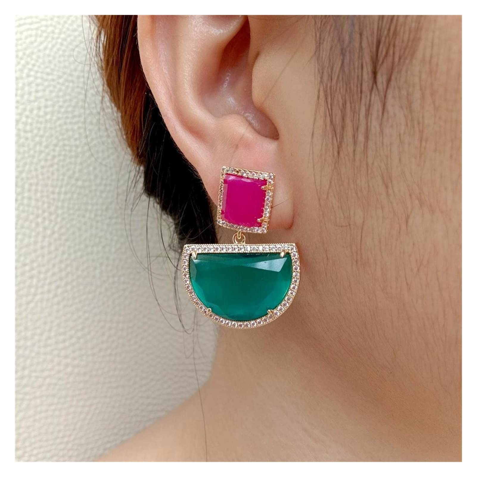 WXKAGF Joyería de Moda semicírculo Ojo Verde Fucsia rectángulo Pendientes Colgantes joyería de Moda geométrica Pendientes de Gama Alta