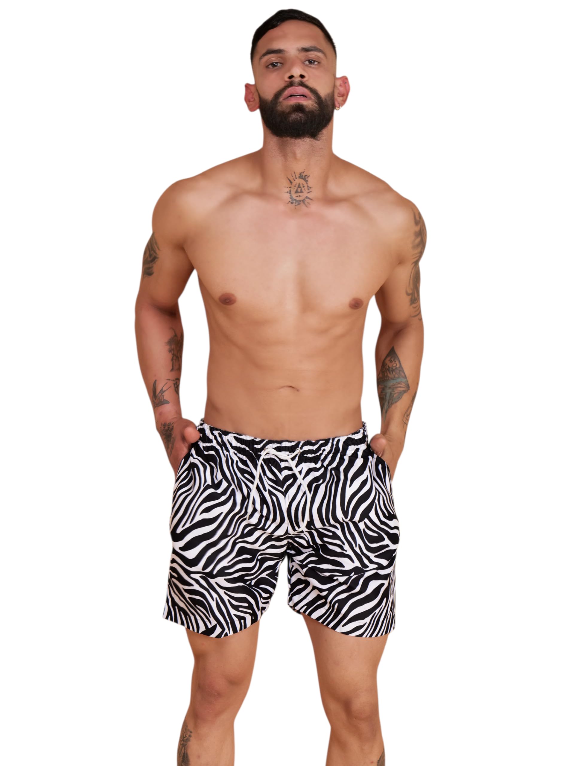 Zebra Print Mens Beach Shorts Black and White-image-0