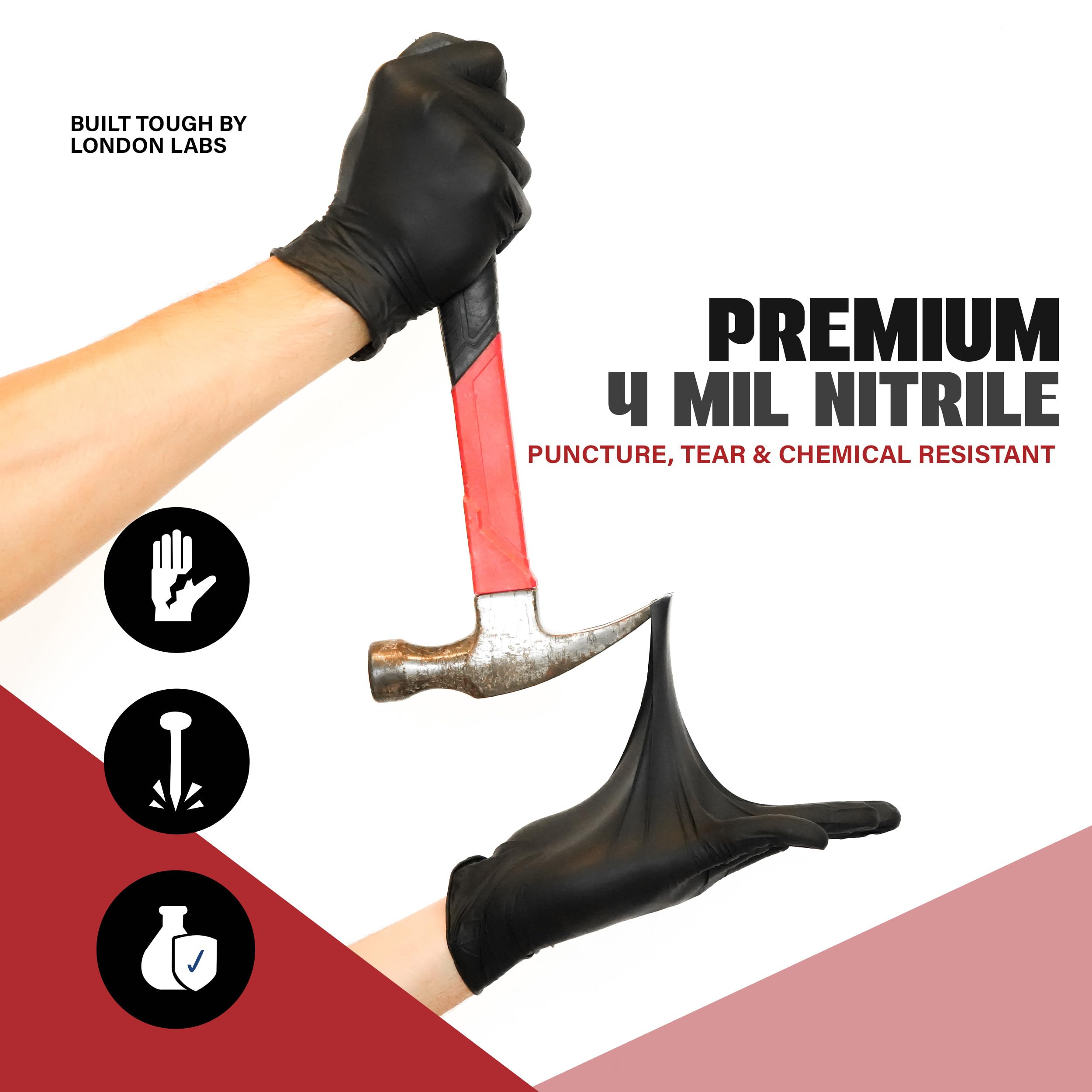 London Labs Synsafe - Guantes de examen de nitrilo negro de 4 mil, desechables sin látex y sin polvo, extra fuertes, guantes de goma, kit de primeros auxilios, médicos, EMT, limpieza, cocina, caja a