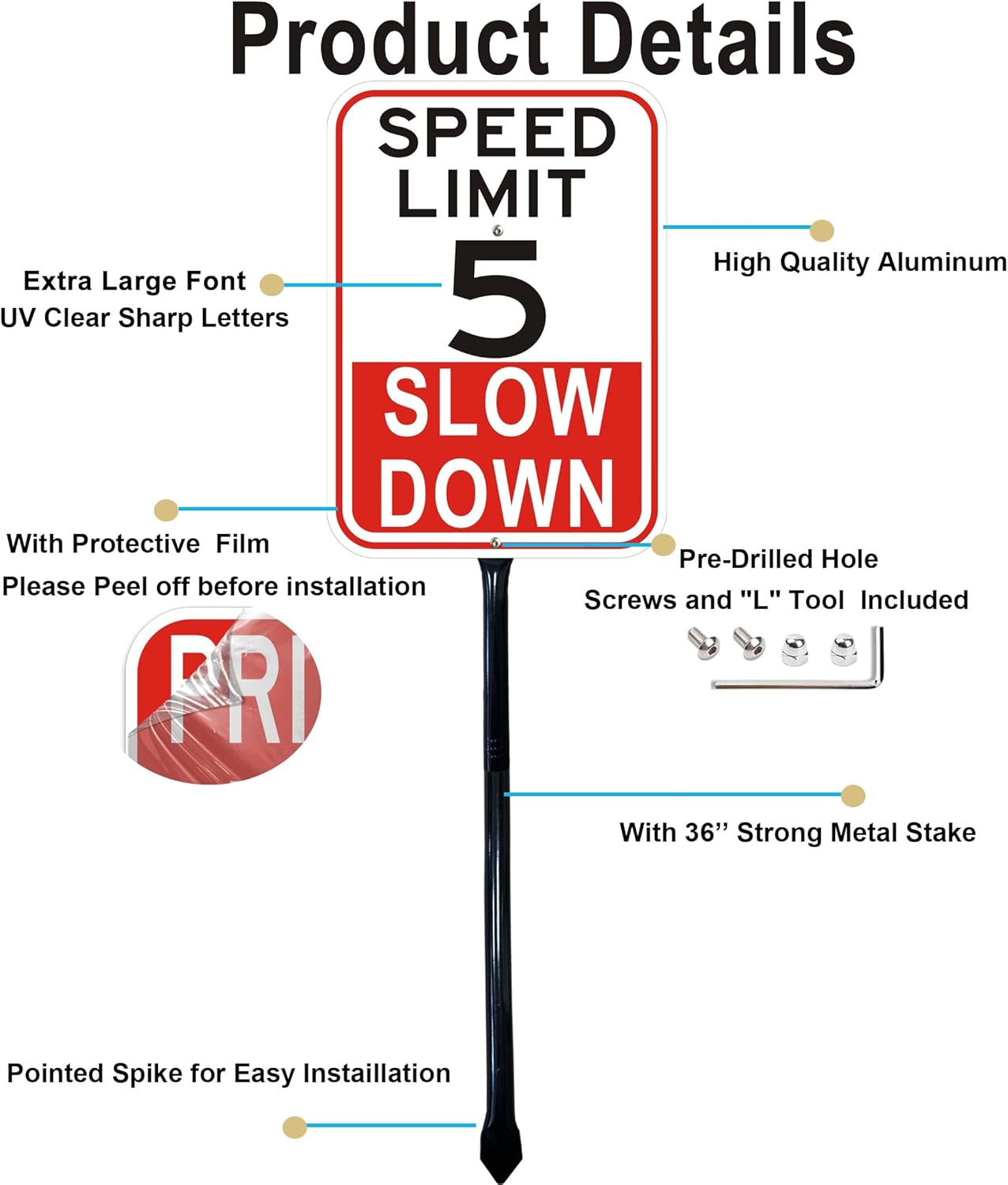 2Pack Slow Down Speed Limit 5MPH Sign with 36" Metal Thick Stakes, 10'' x 14'' Rust Free Reflective Aluminum,Easy to Mount, Outdoor use