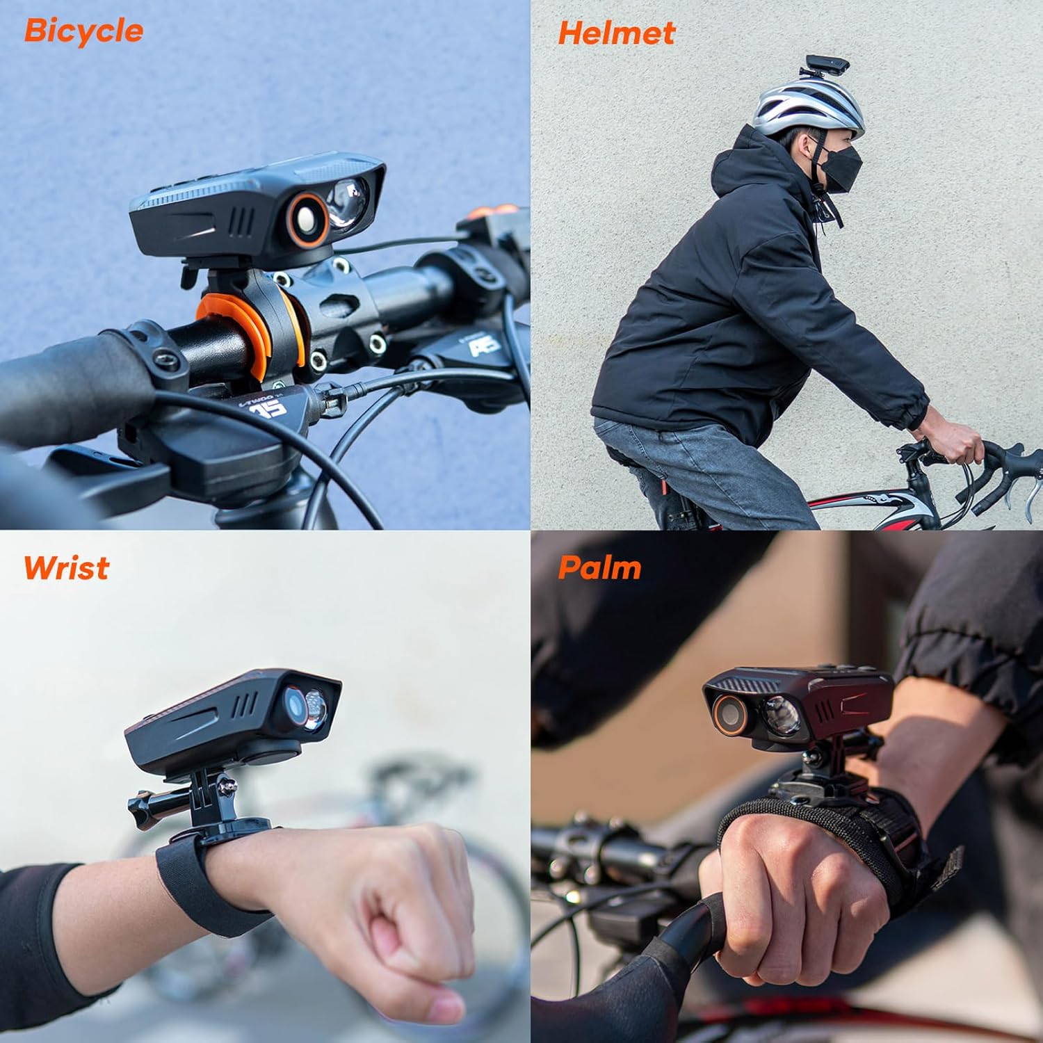 Four images showing different mounting options for the camera: on a bicycle handlebar, on a helmet, on a wrist, and held in a palm