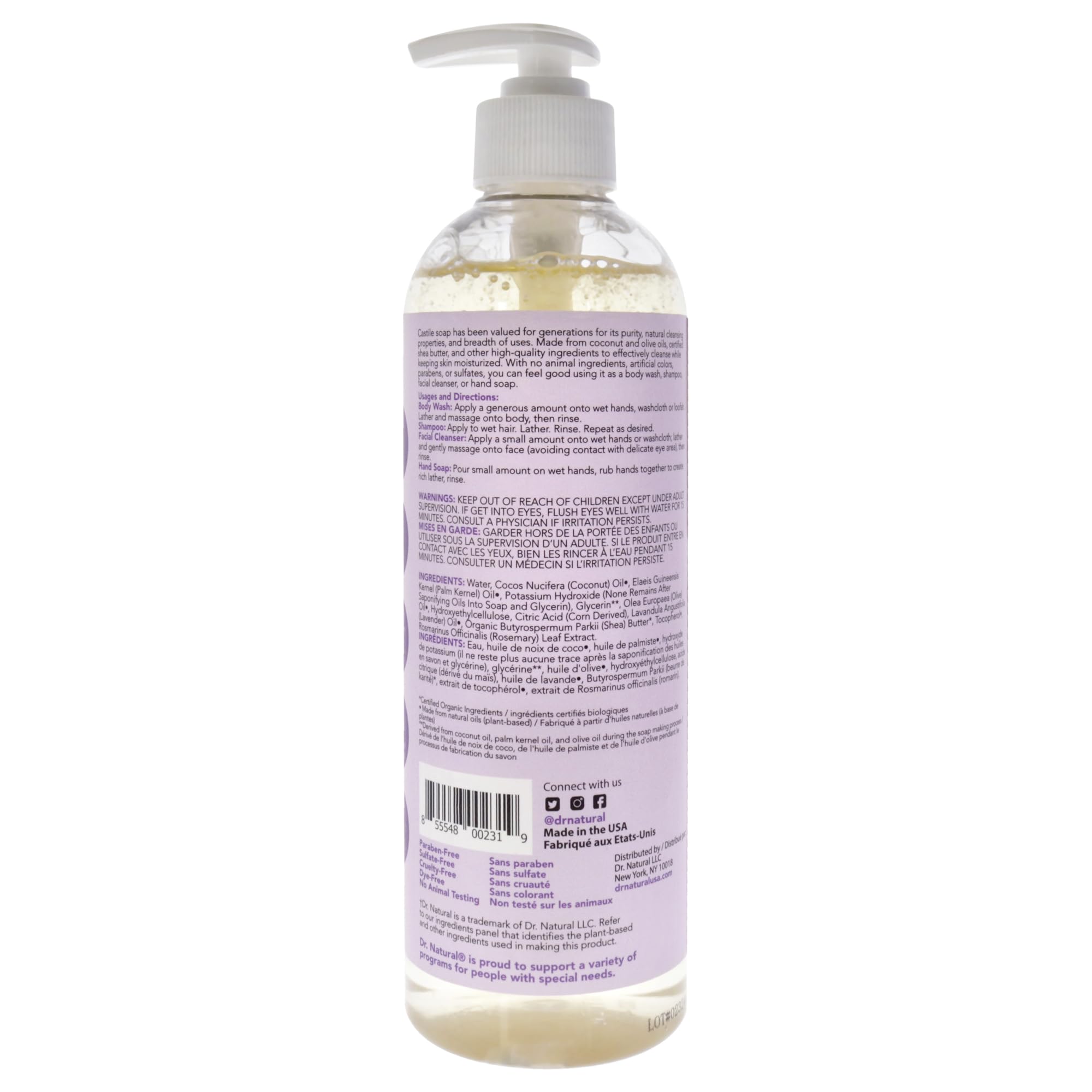 Dr. Natural Castile Liquid Soap - Gel multi-usage corps, cheveux, visage - Hydratant peau, cheveux, animaux - Lavande - 473 ml