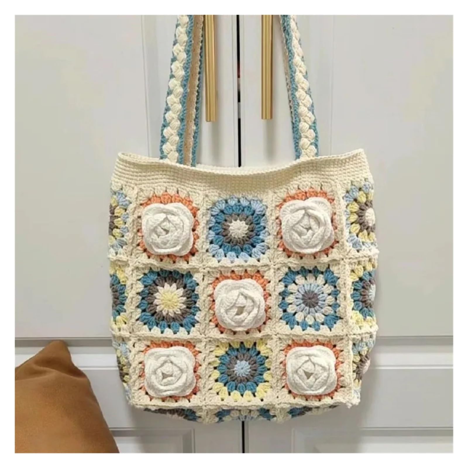 Bolso De Ganchillo Suministros de tejido a crochet Camellia Bolso de hombro a cuadros de abuela Tejido a mano con hilo Amiga Novia